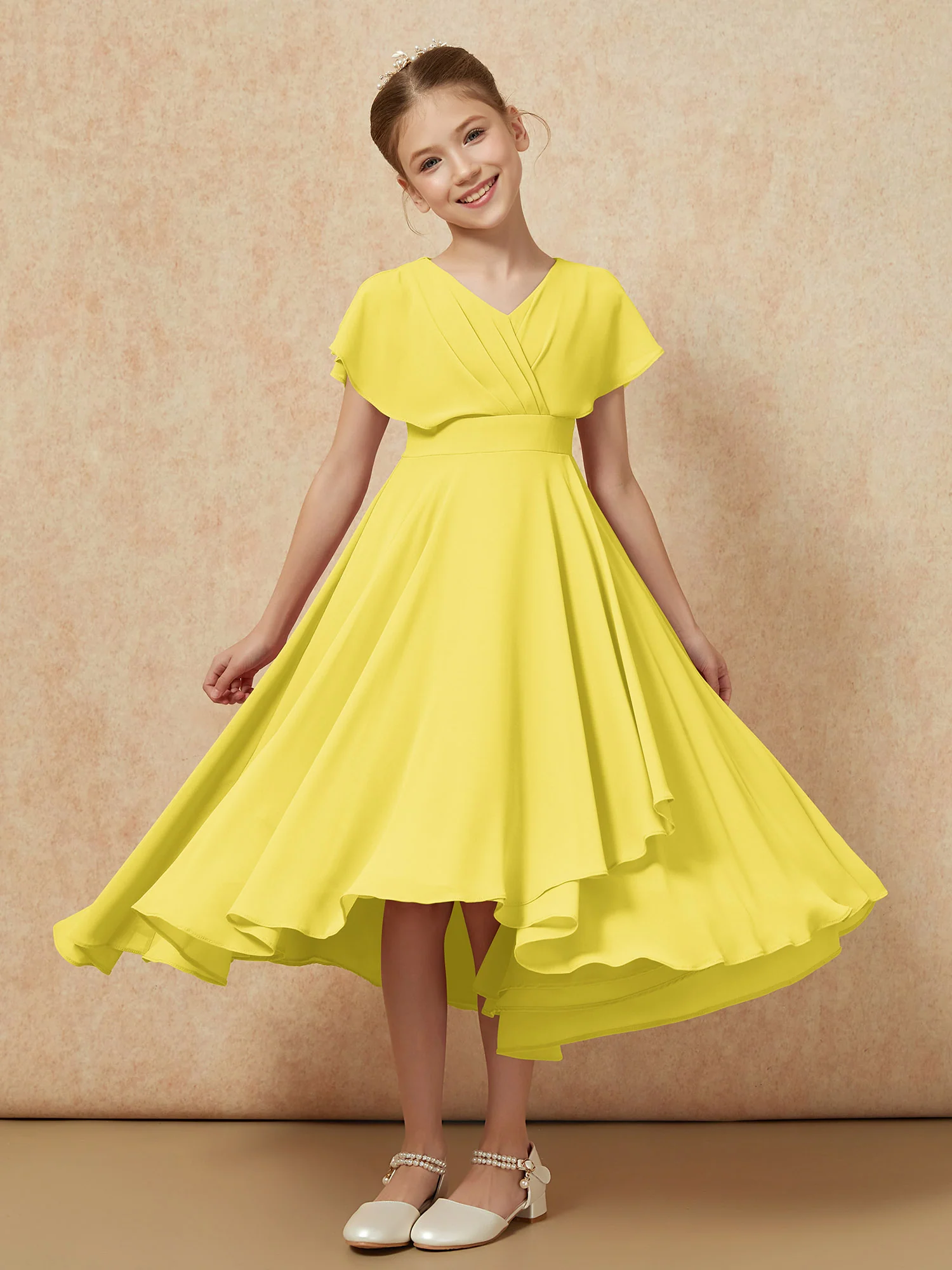 V-neck Chiffon Asymmetrical Junior Bridesmaid Dresses Lemon