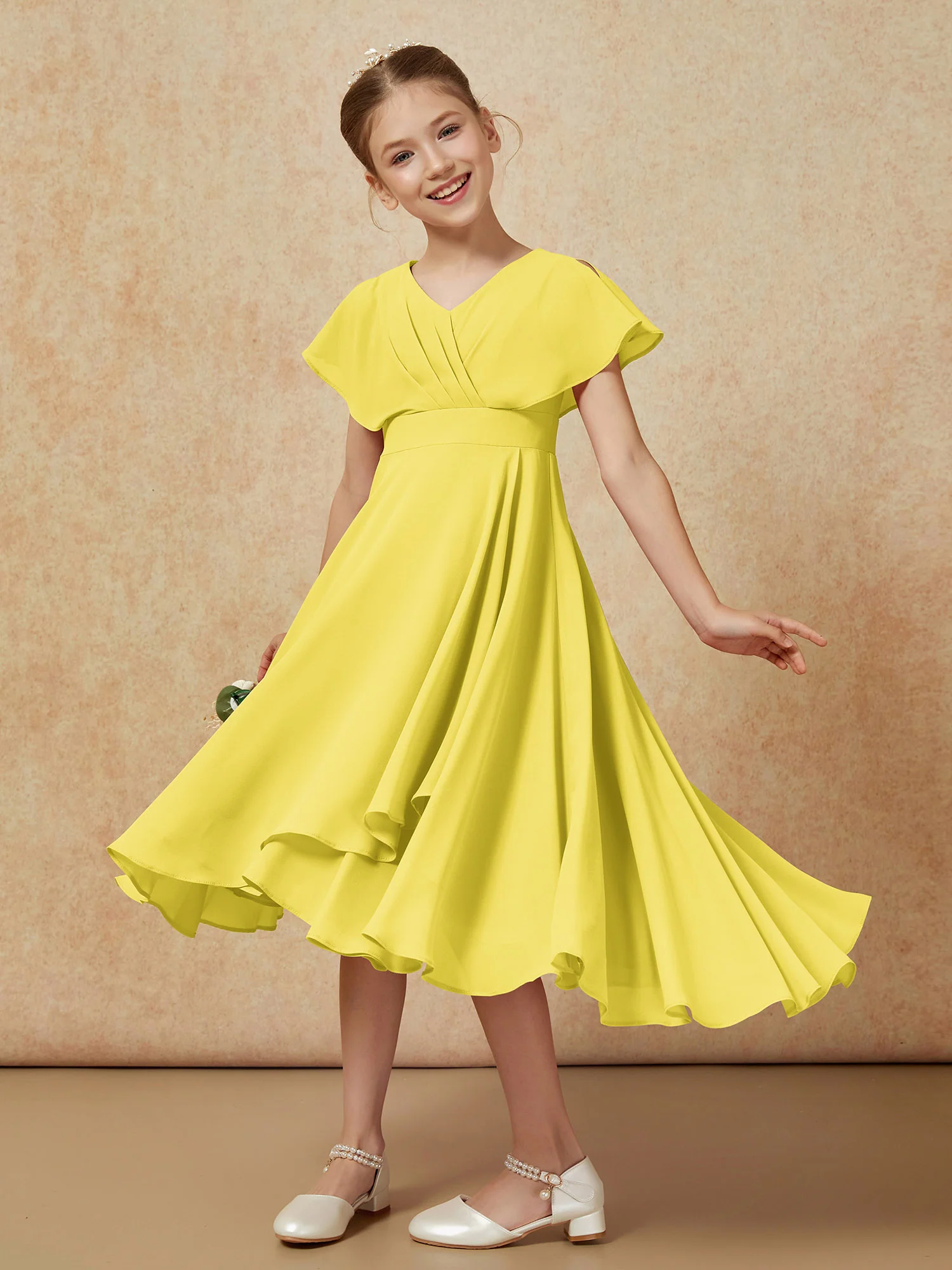 V-neck Chiffon Asymmetrical Junior Bridesmaid Dresses Lemon - Image 4