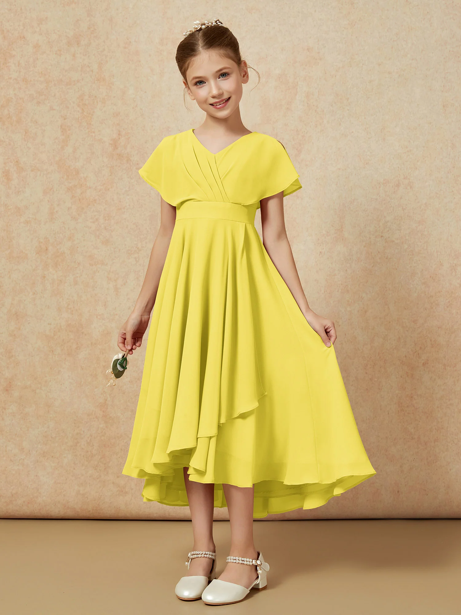 V-neck Chiffon Asymmetrical Junior Bridesmaid Dresses Lemon - Image 5
