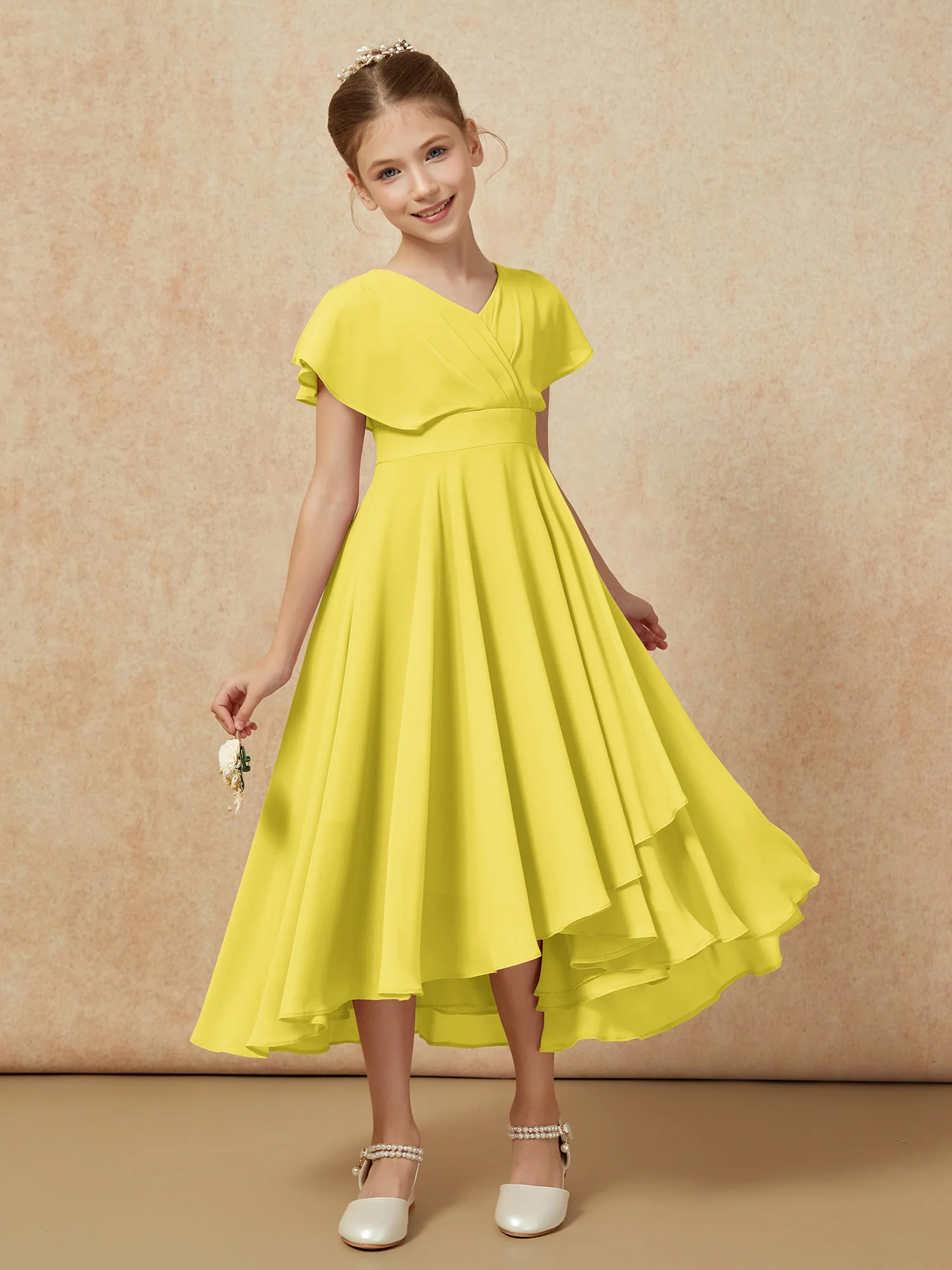 V-neck Chiffon Asymmetrical Junior Bridesmaid Dresses Lemon - Image 6