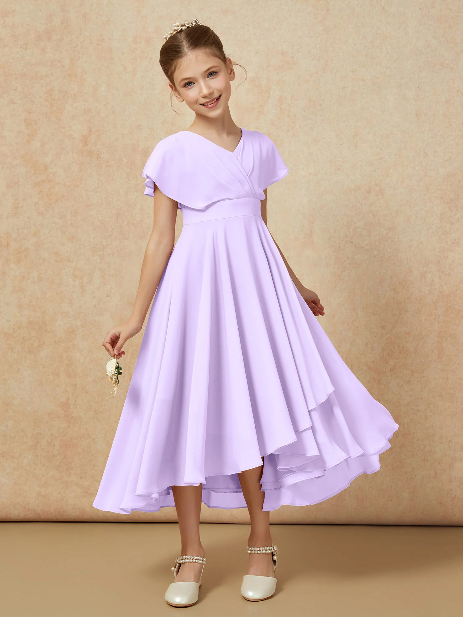 V-neck Chiffon Asymmetrical Junior Bridesmaid Dresses Lilac - Image 6