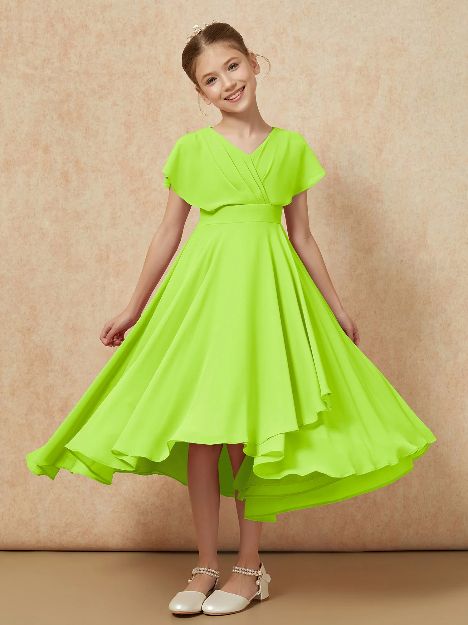 V-neck Chiffon Asymmetrical Junior Bridesmaid Dresses Lime Green