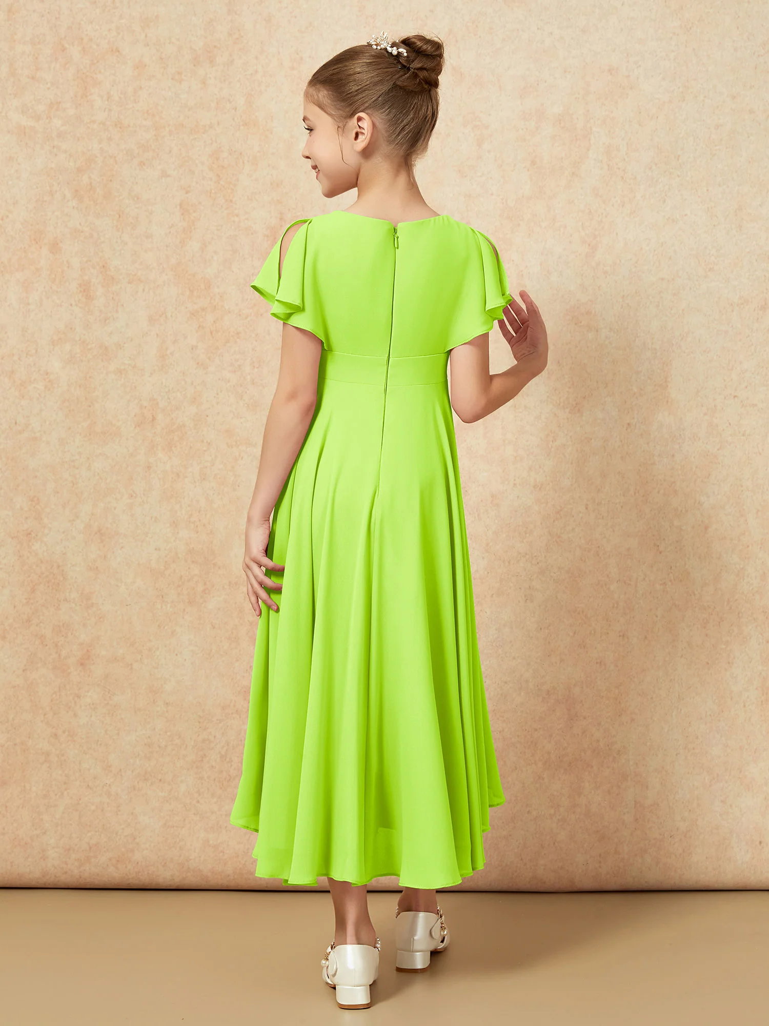 V-neck Chiffon Asymmetrical Junior Bridesmaid Dresses Lime Green - Image 2