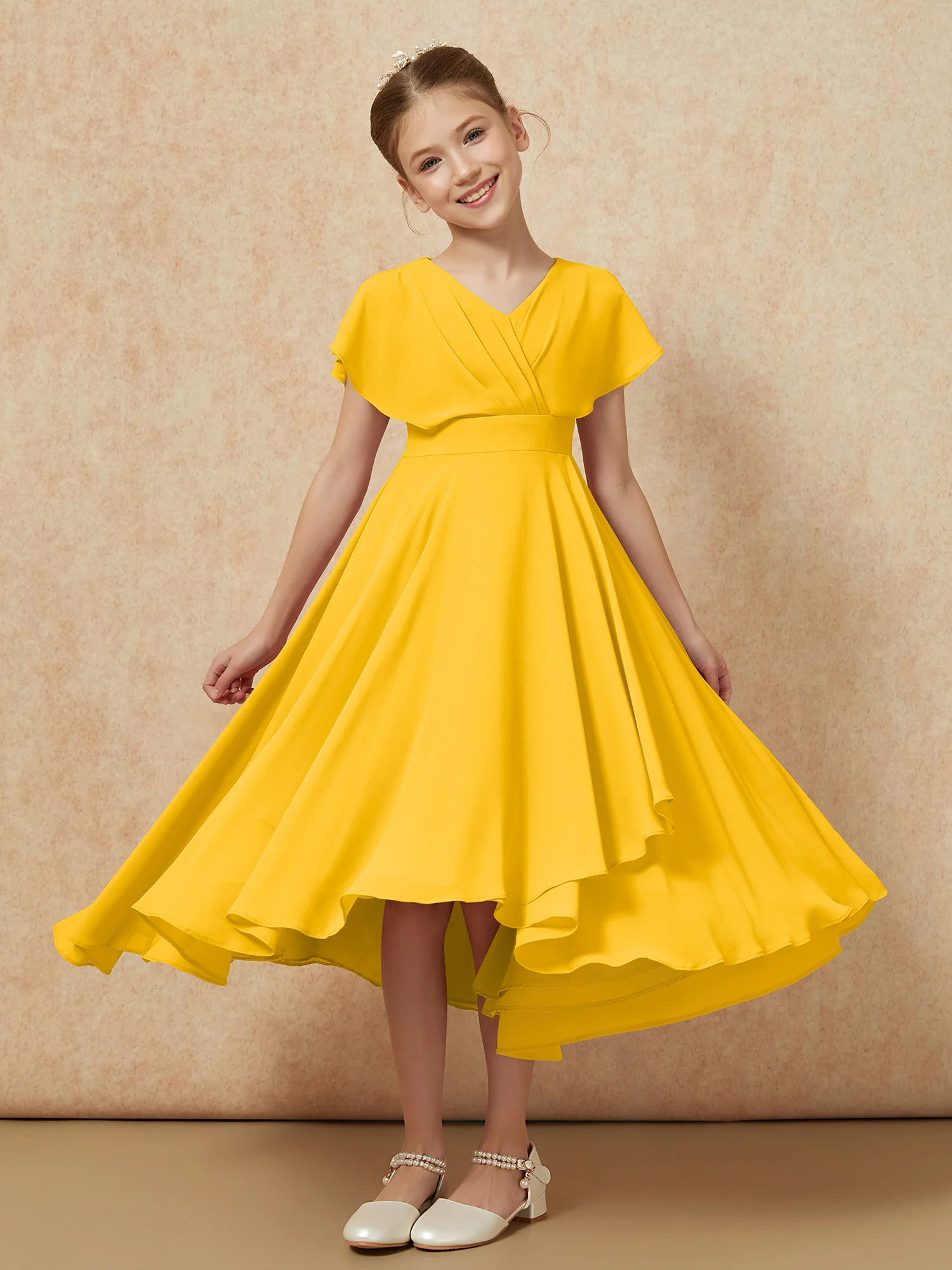 V-neck Chiffon Asymmetrical Junior Bridesmaid Dresses Marigold
