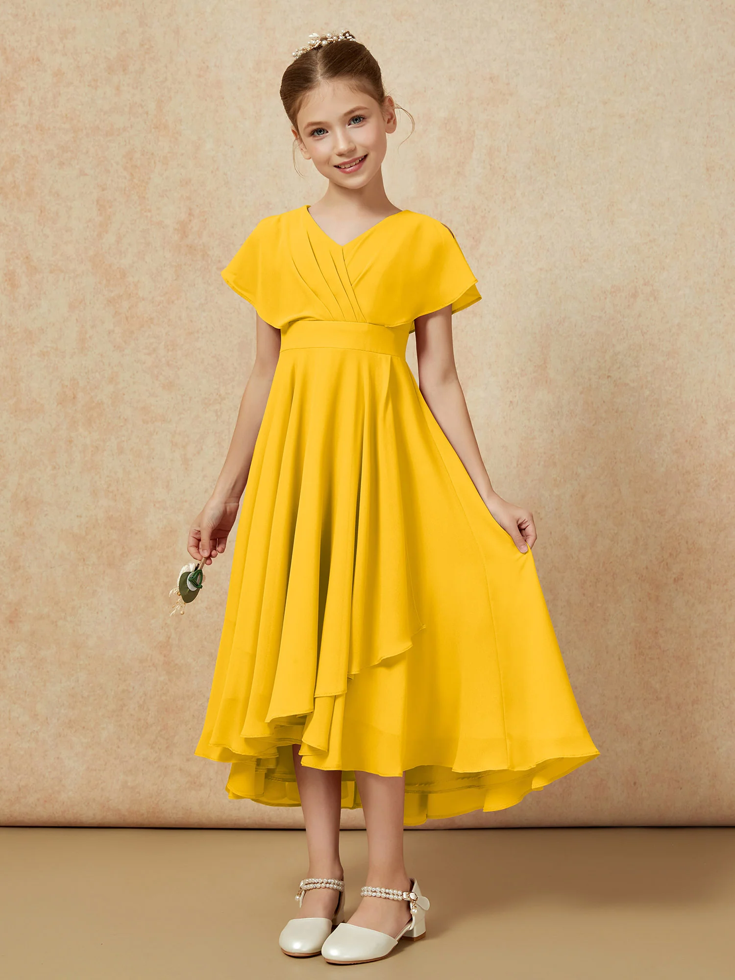 V-neck Chiffon Asymmetrical Junior Bridesmaid Dresses Marigold - Image 5