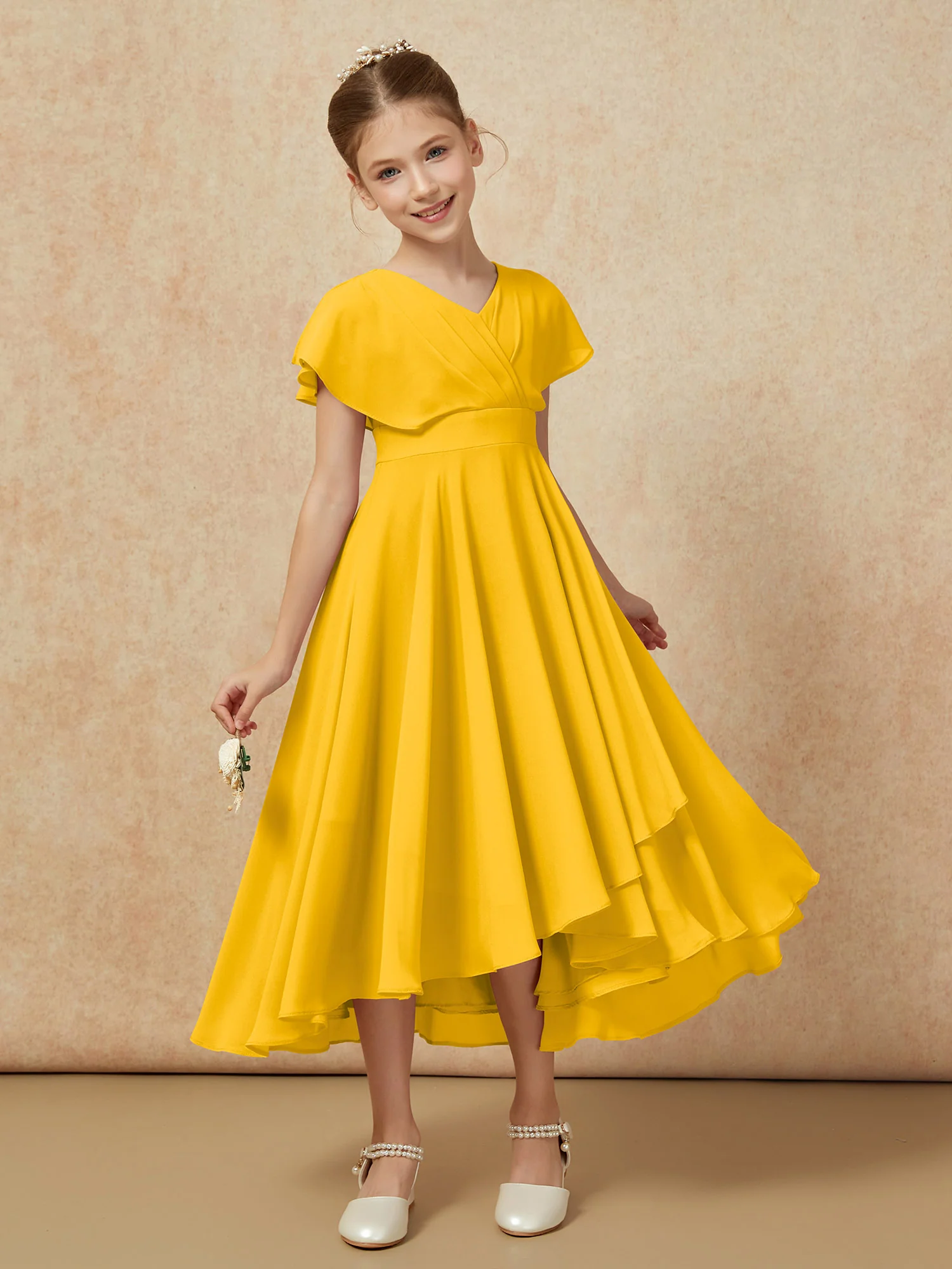 V-neck Chiffon Asymmetrical Junior Bridesmaid Dresses Marigold - Image 6
