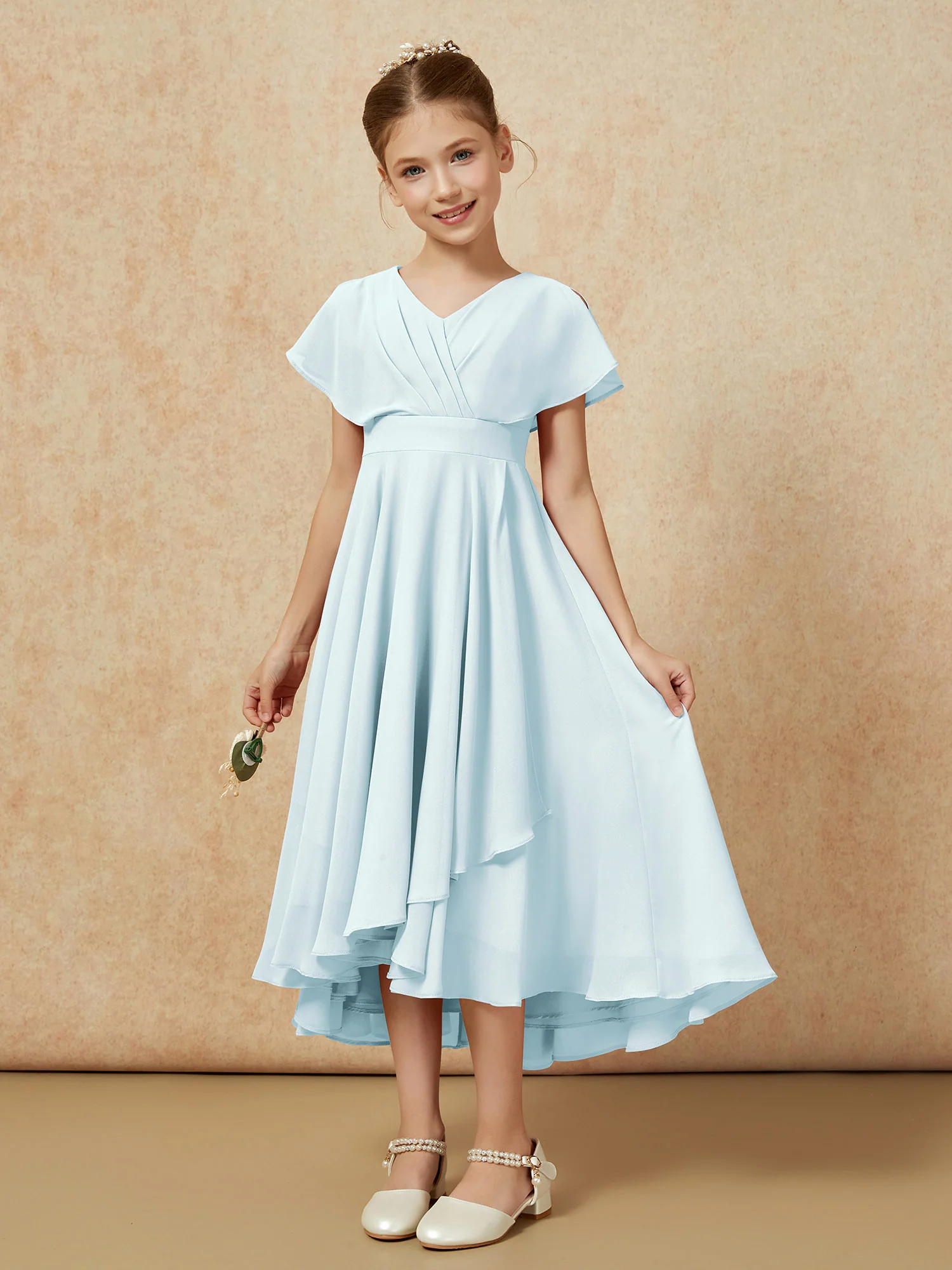 V-neck Chiffon Asymmetrical Junior Bridesmaid Dresses Mist - Image 5