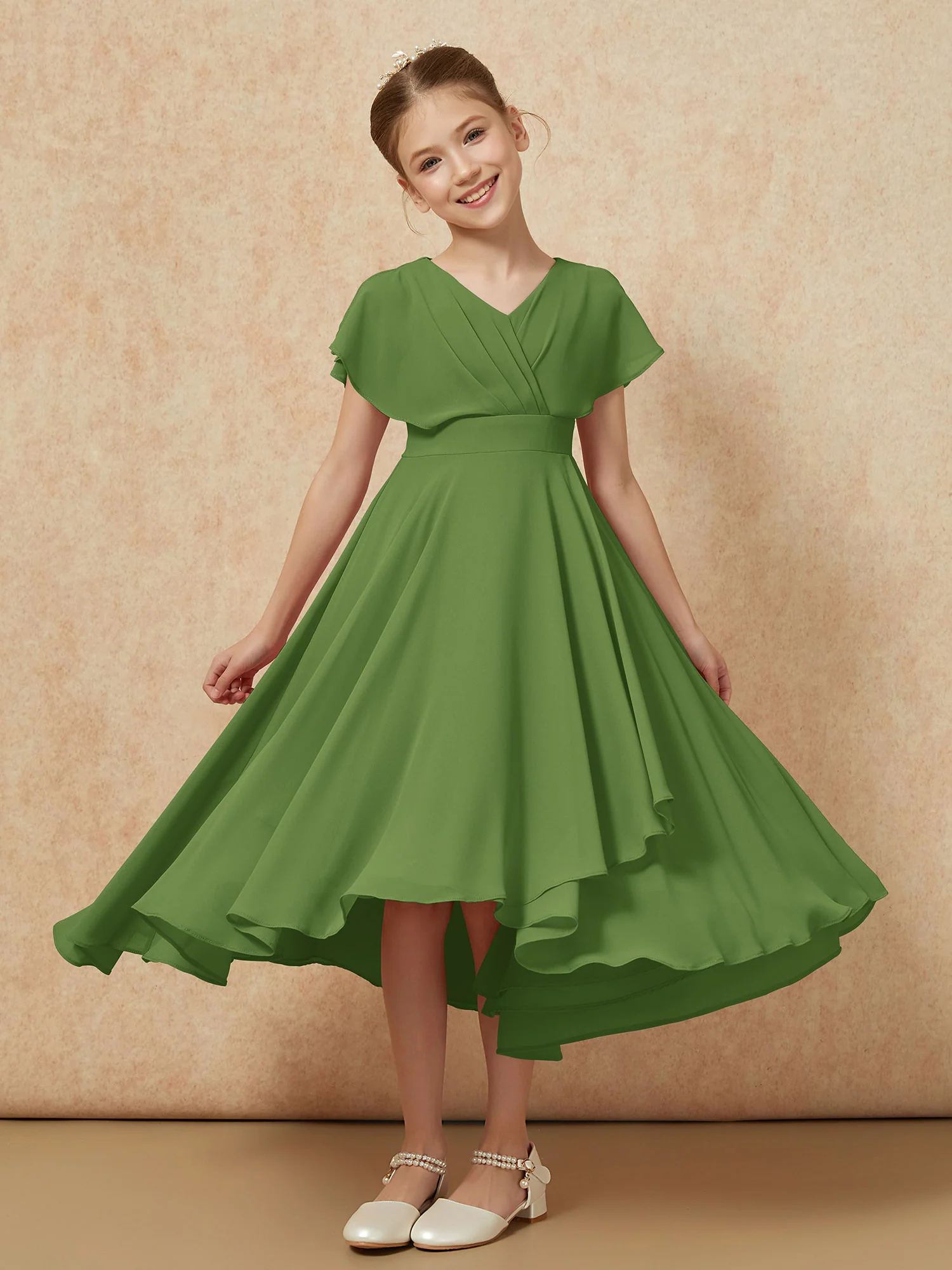 V-neck Chiffon Asymmetrical Junior Bridesmaid Dresses Moss