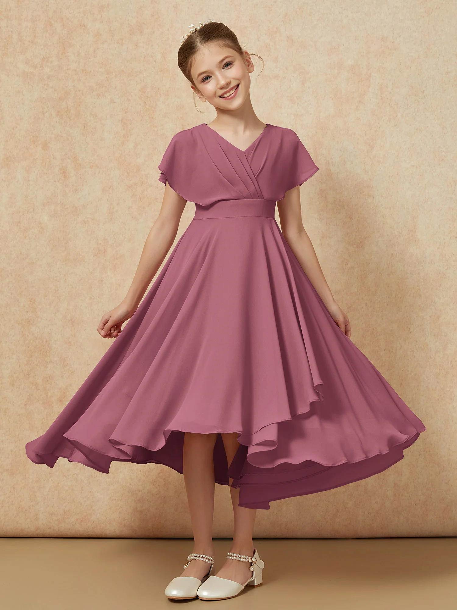 V-neck Chiffon Asymmetrical Junior Bridesmaid Dresses Mulberry