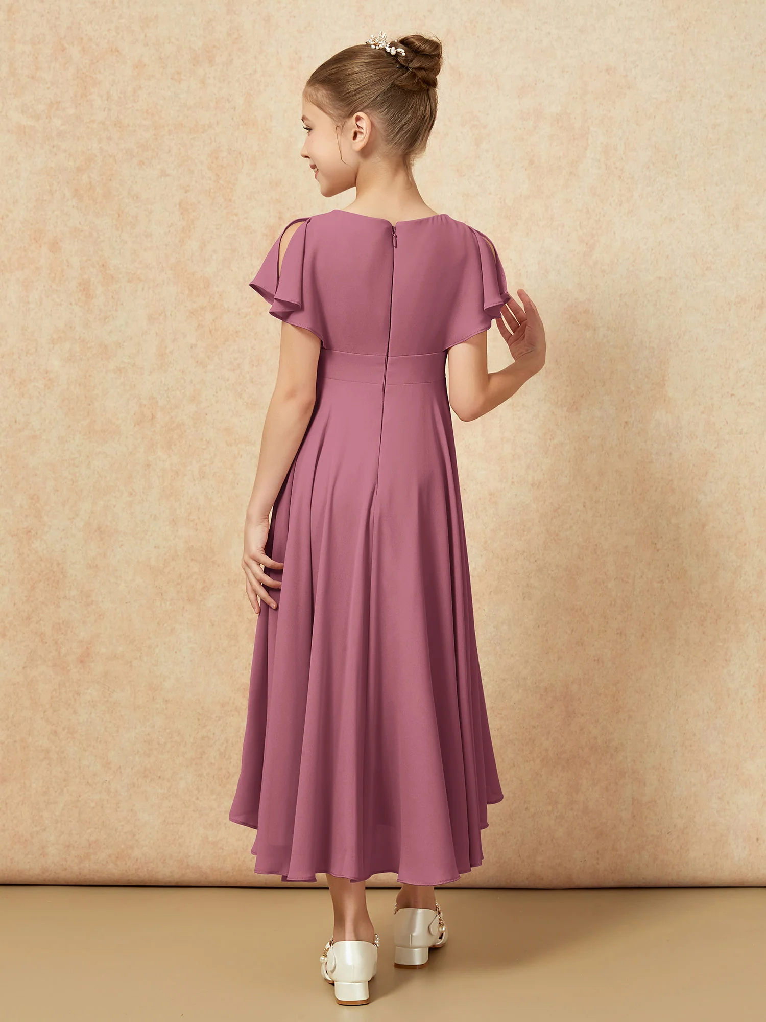 V-neck Chiffon Asymmetrical Junior Bridesmaid Dresses Mulberry - Image 2