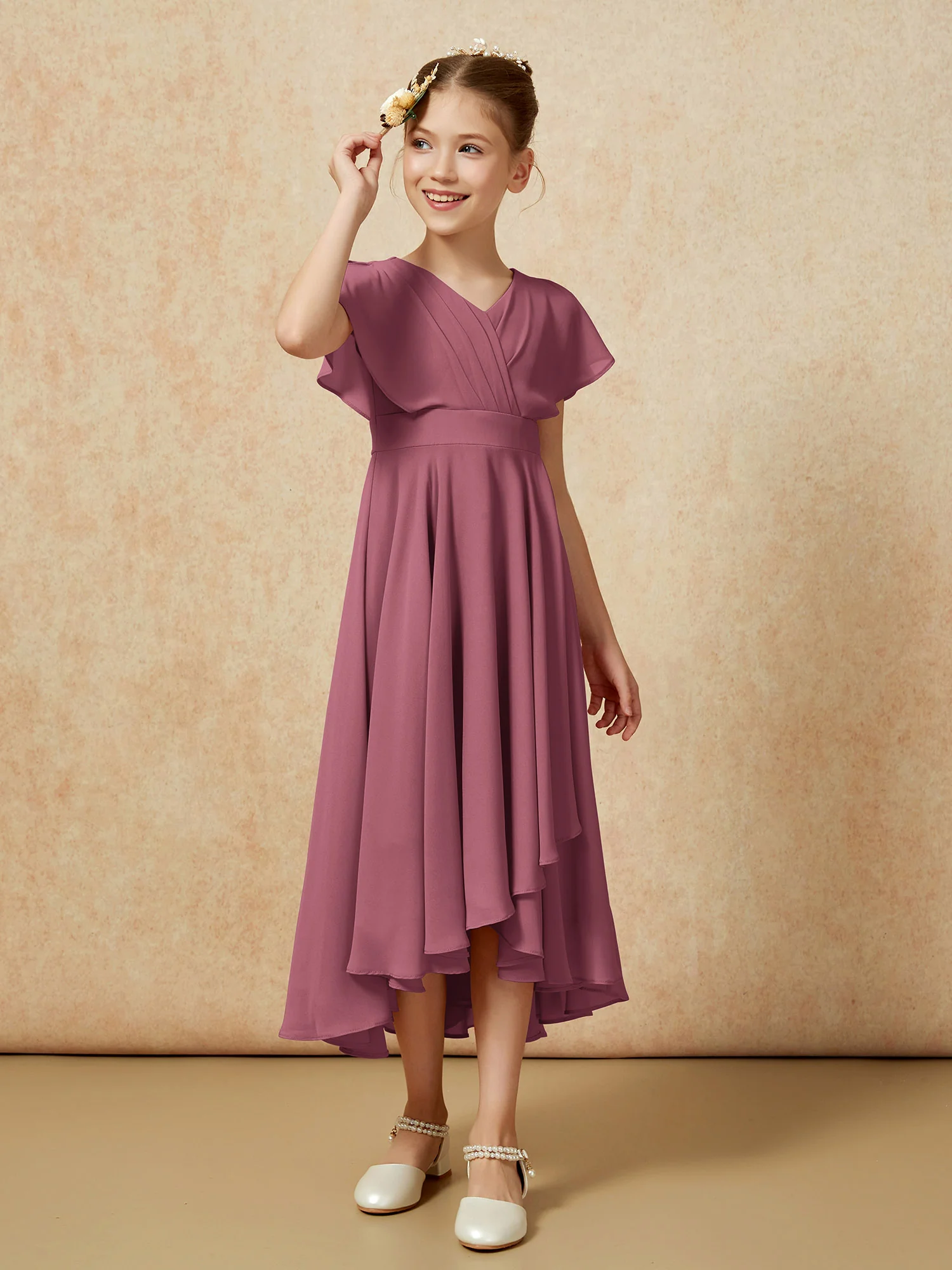 V-neck Chiffon Asymmetrical Junior Bridesmaid Dresses Mulberry - Image 3