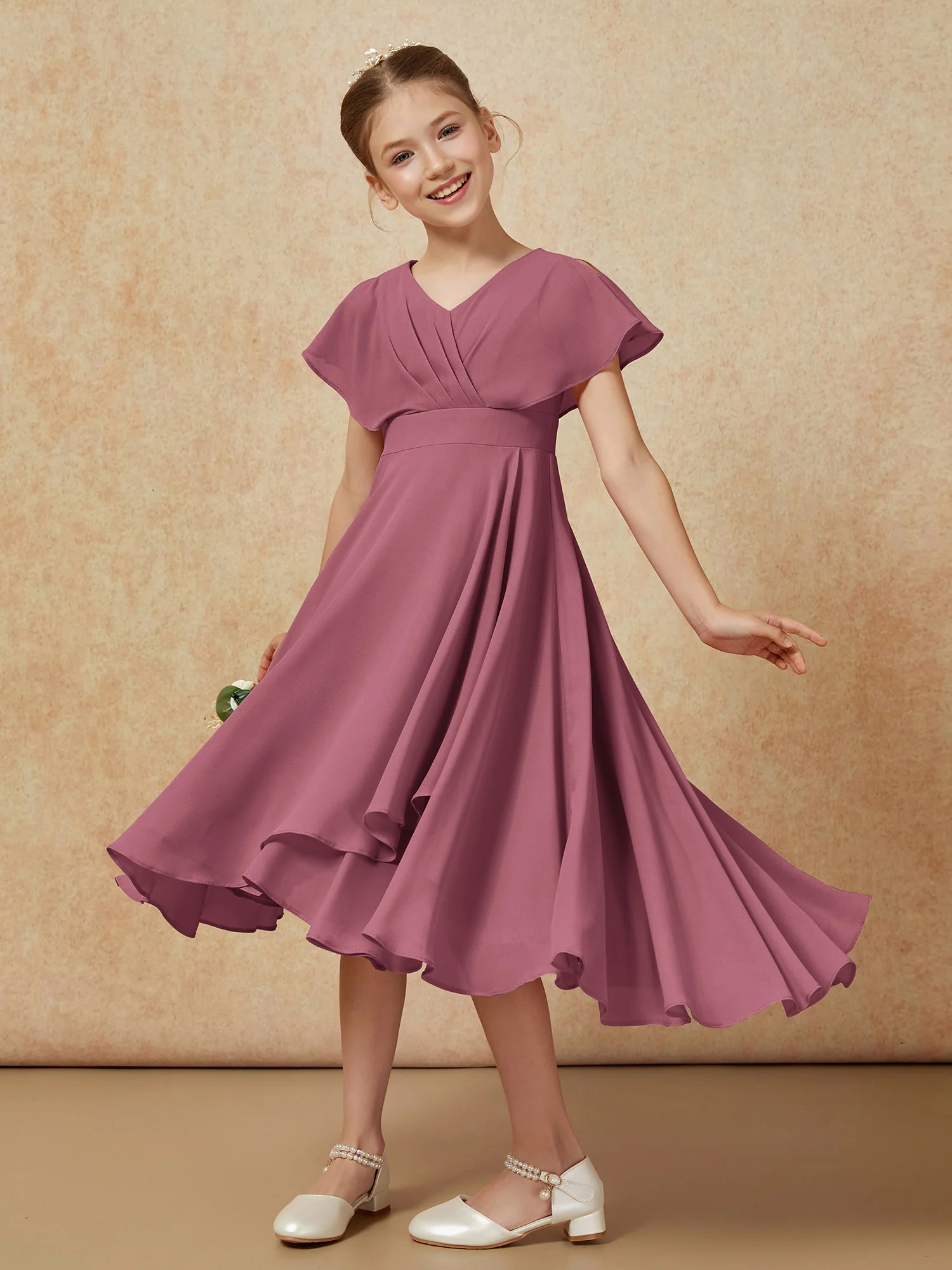 V-neck Chiffon Asymmetrical Junior Bridesmaid Dresses Mulberry - Image 4