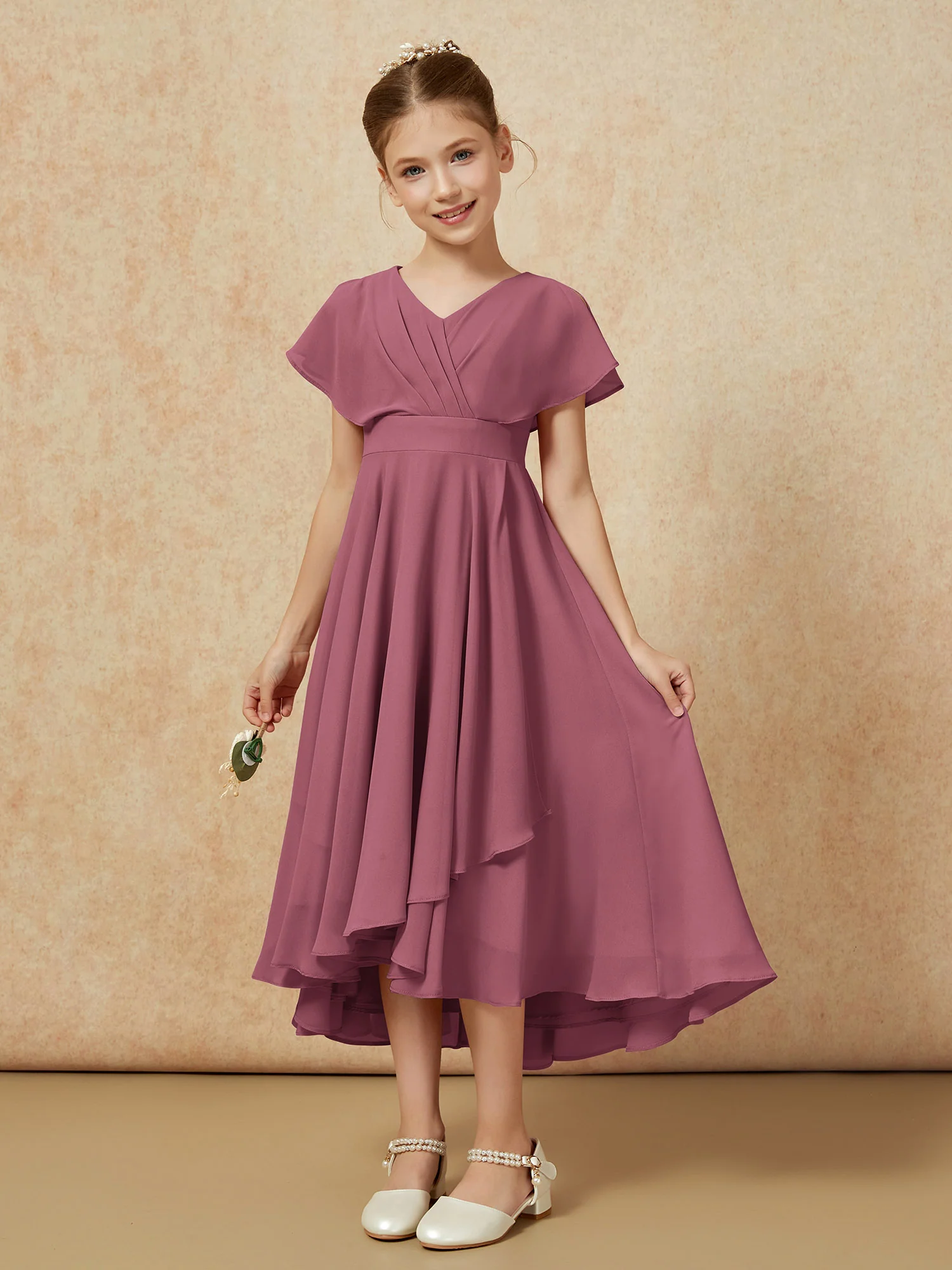 V-neck Chiffon Asymmetrical Junior Bridesmaid Dresses Mulberry - Image 5
