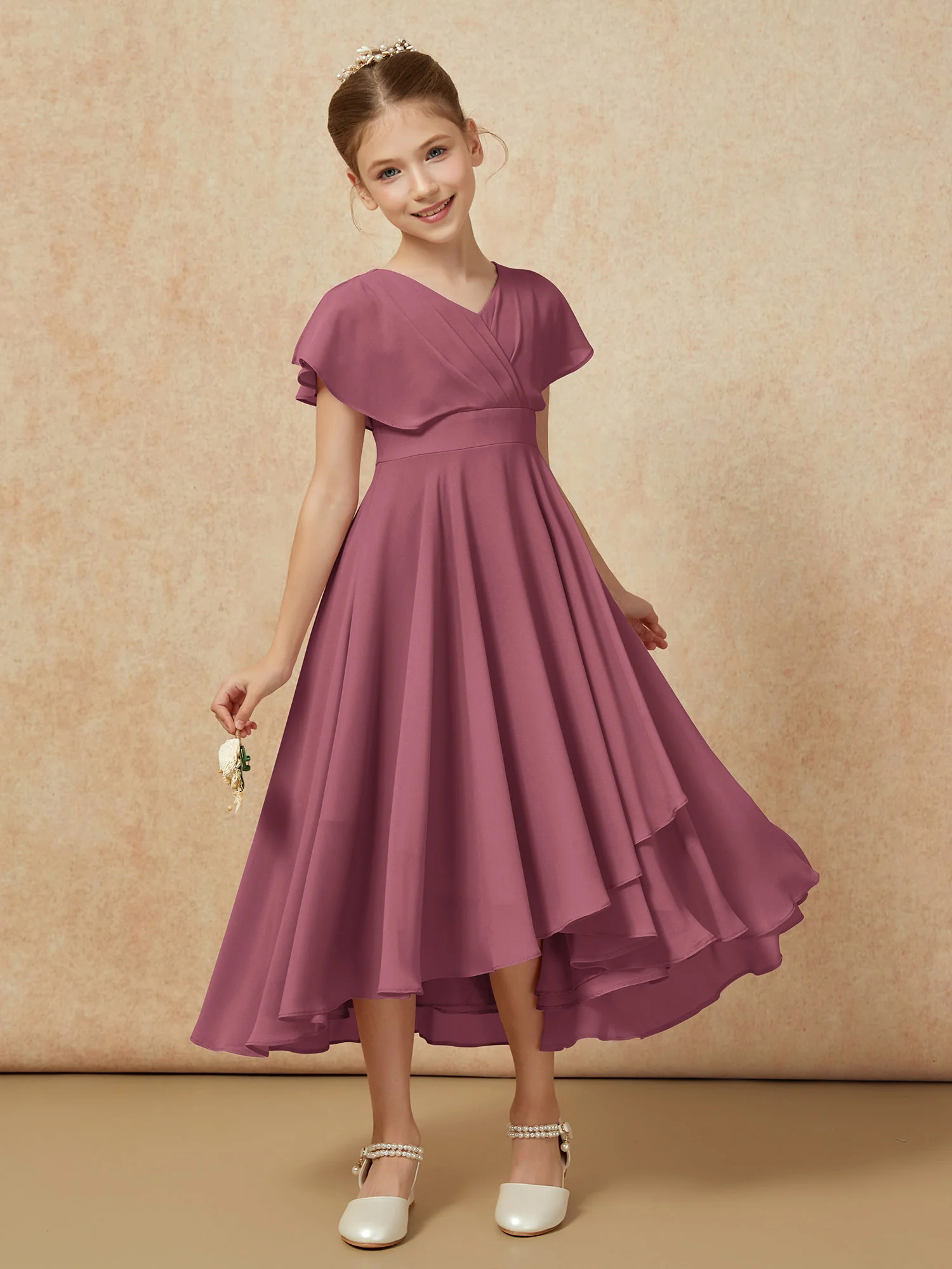 V-neck Chiffon Asymmetrical Junior Bridesmaid Dresses Mulberry - Image 6