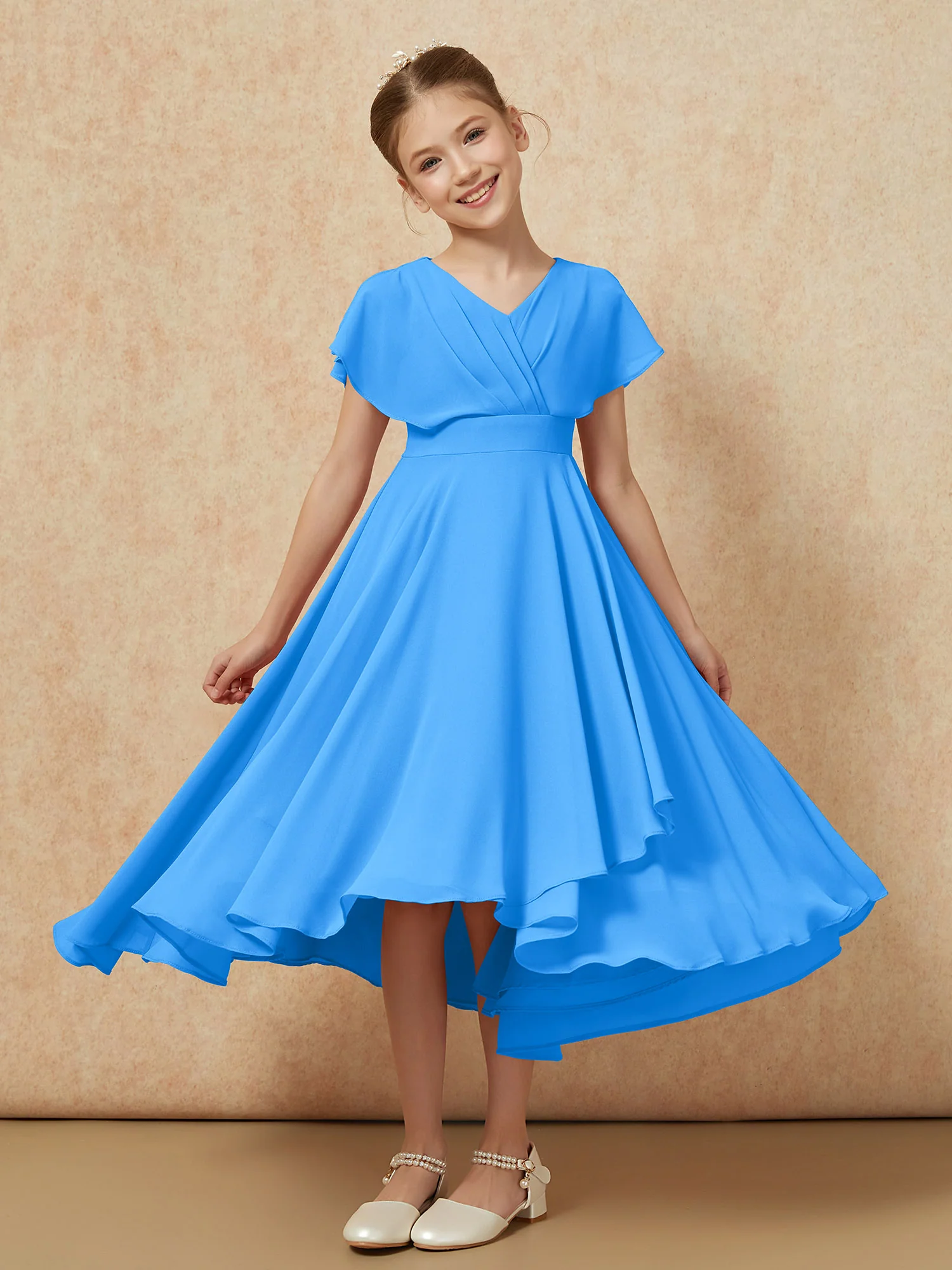 V-neck Chiffon Asymmetrical Junior Bridesmaid Dresses Ocean Blue