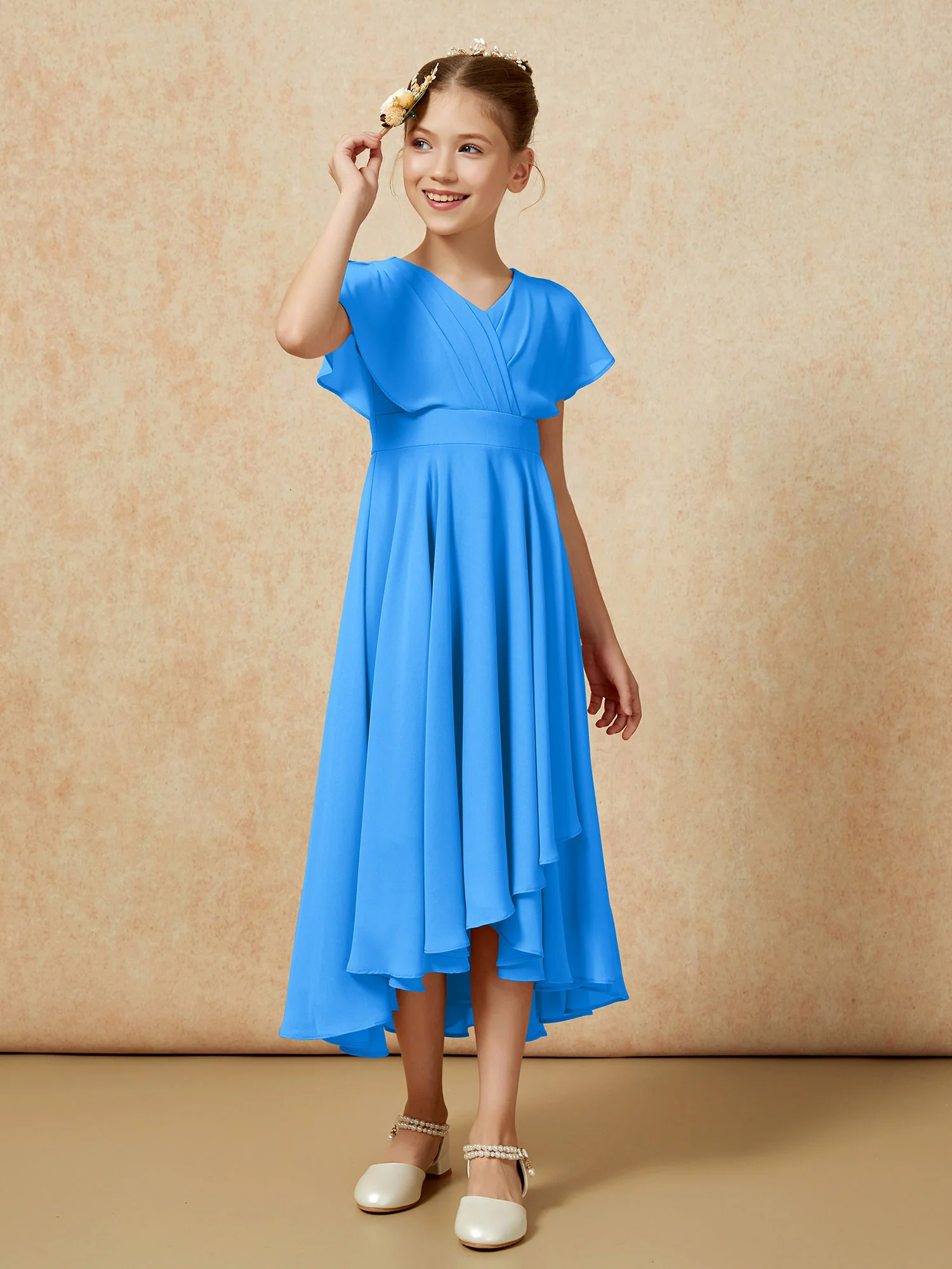 V-neck Chiffon Asymmetrical Junior Bridesmaid Dresses Ocean Blue - Image 3