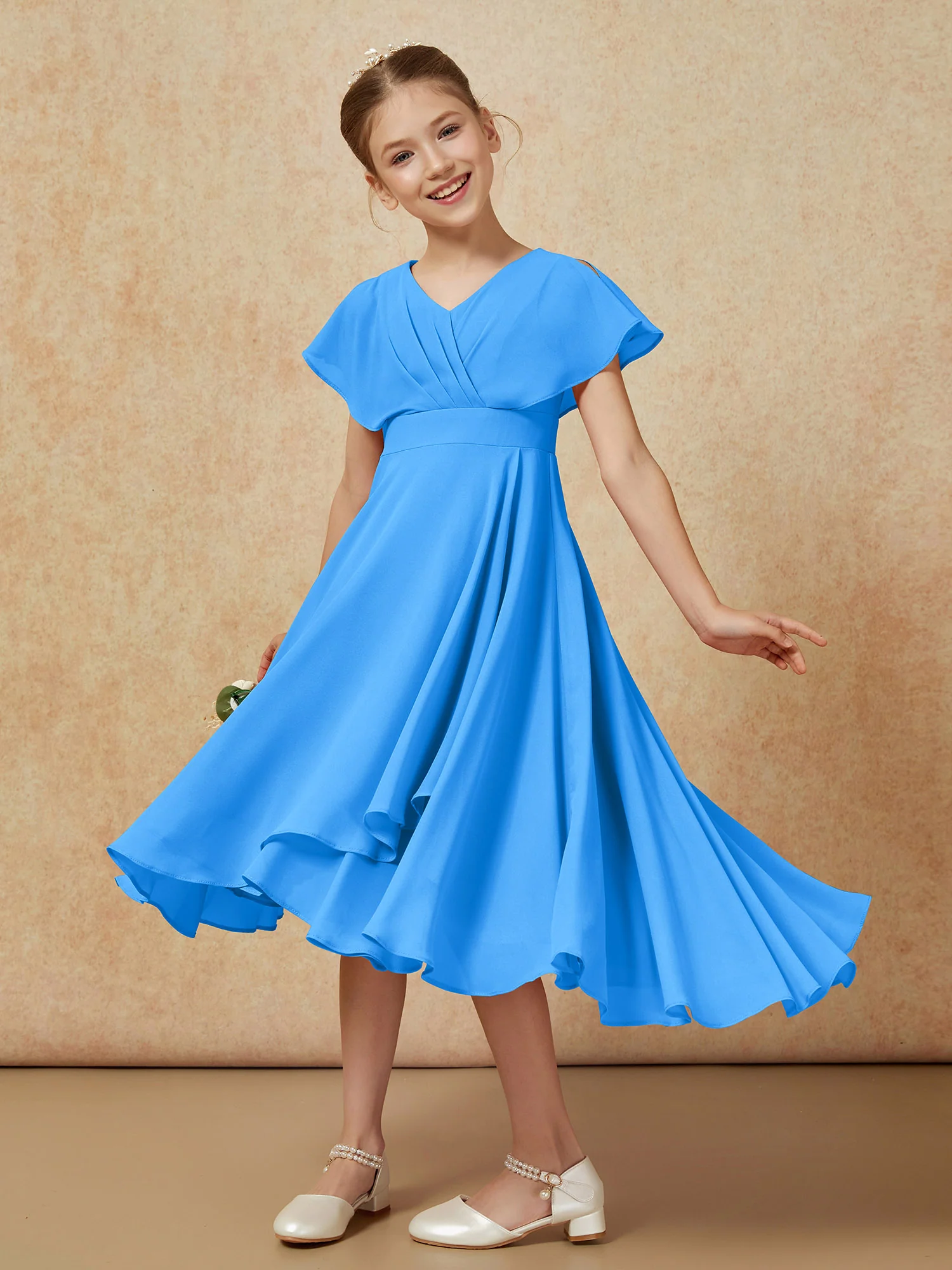 V-neck Chiffon Asymmetrical Junior Bridesmaid Dresses Ocean Blue - Image 4