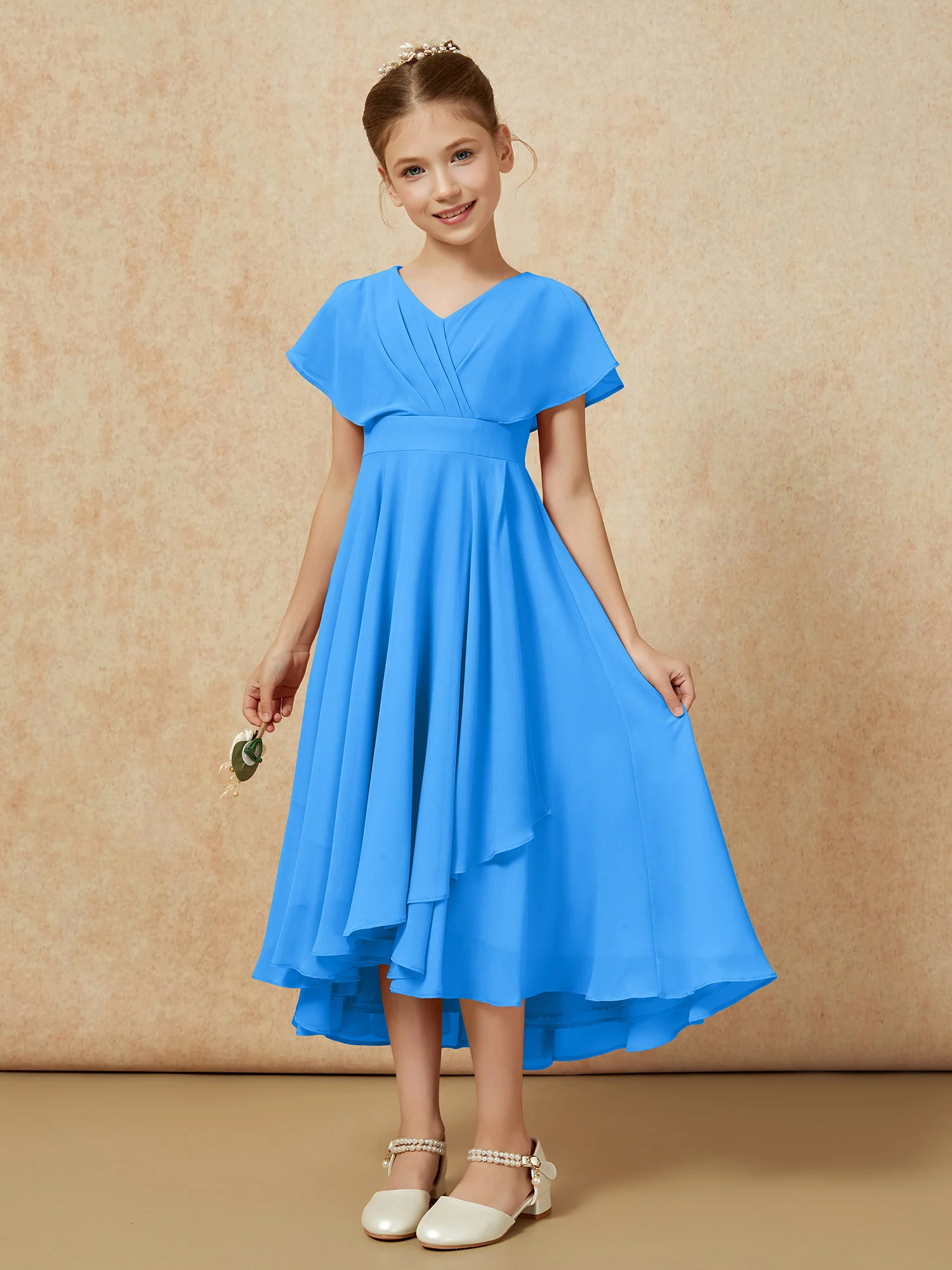 V-neck Chiffon Asymmetrical Junior Bridesmaid Dresses Ocean Blue - Image 5