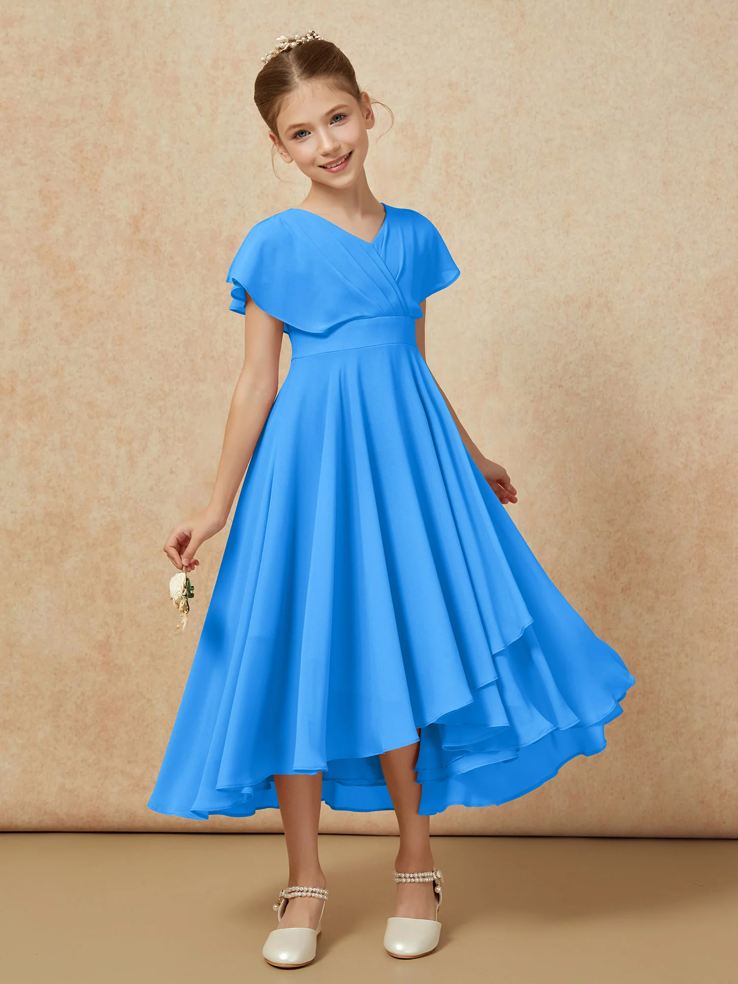 V-neck Chiffon Asymmetrical Junior Bridesmaid Dresses Ocean Blue - Image 6