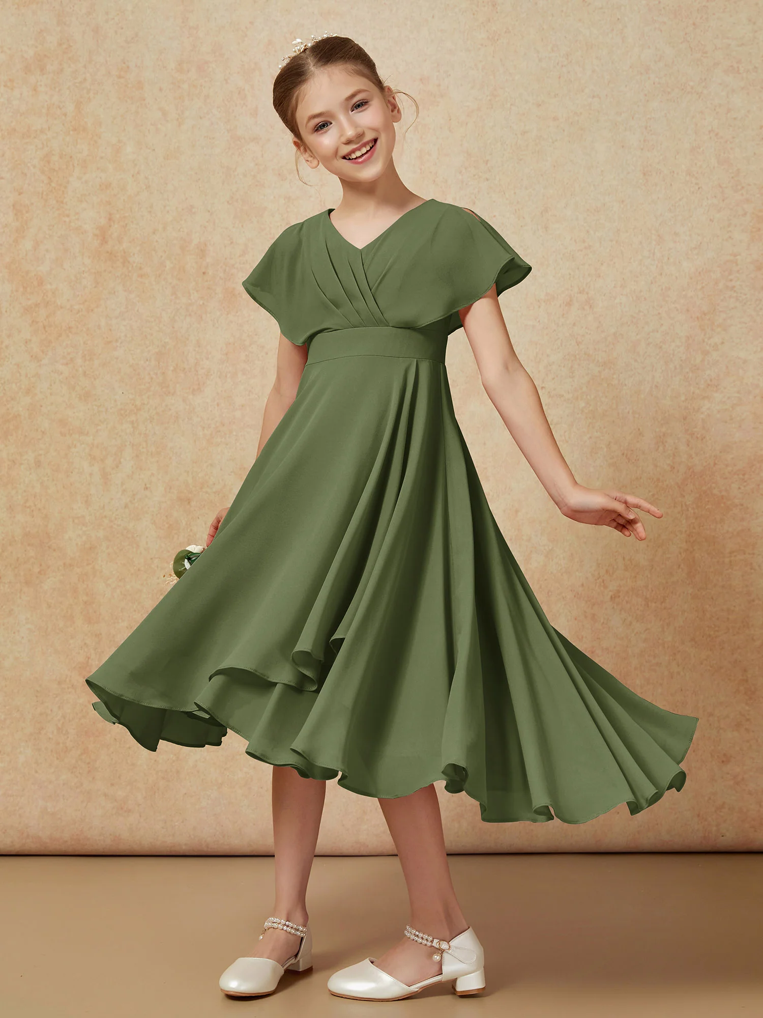V-neck Chiffon Asymmetrical Junior Bridesmaid Dresses Olive Green - Image 4