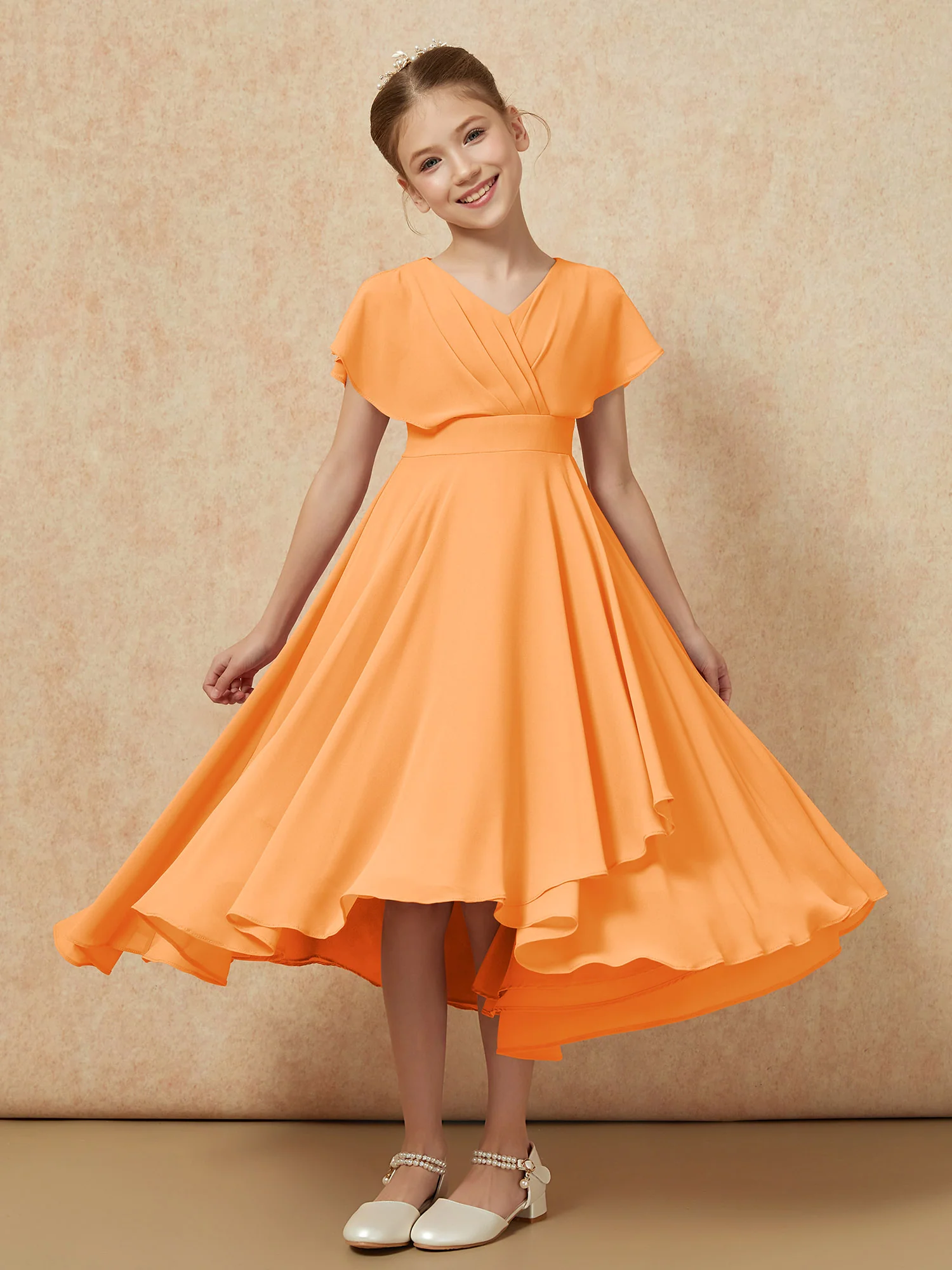 V-neck Chiffon Asymmetrical Junior Bridesmaid Dresses Orange