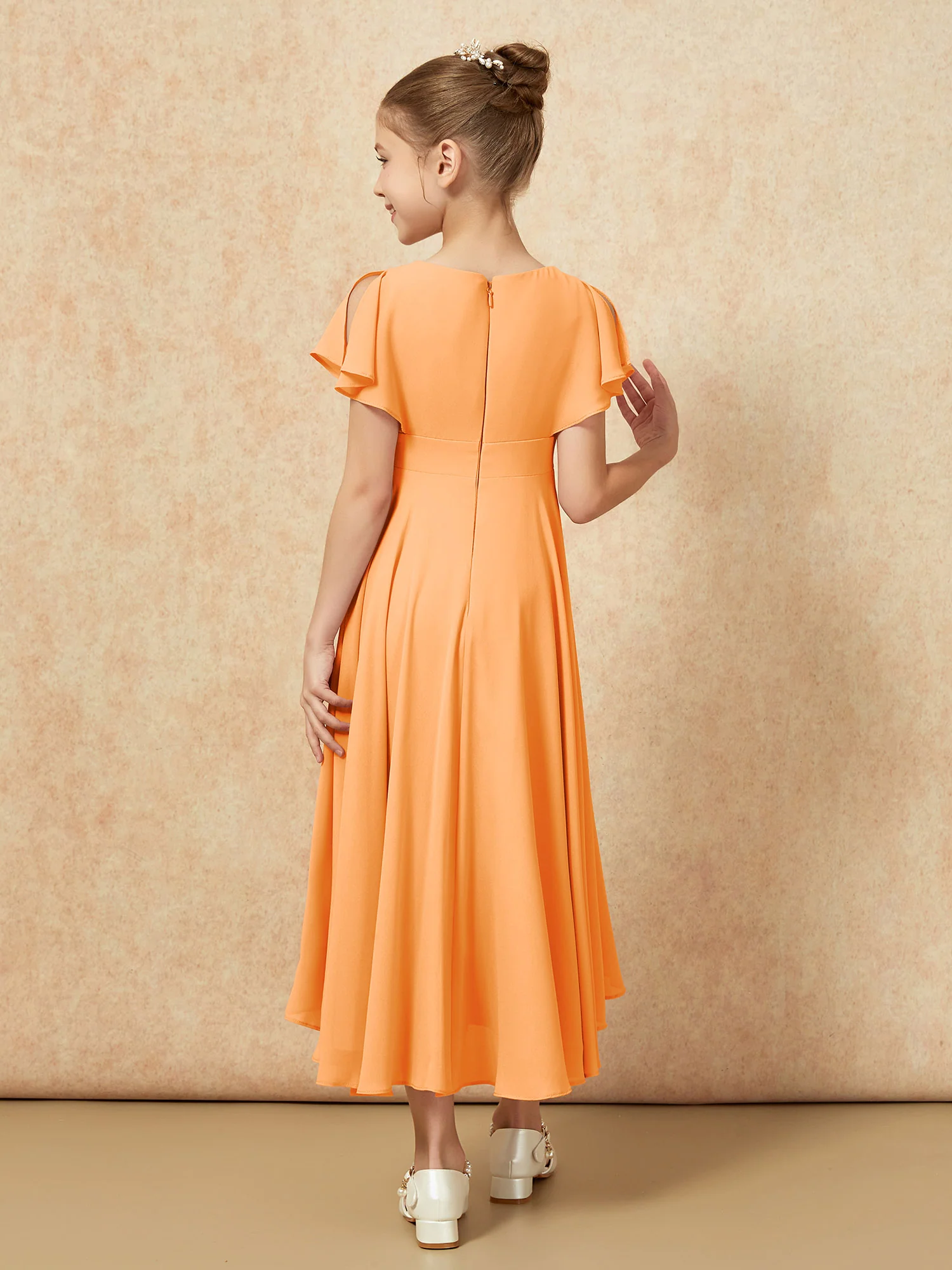 V-neck Chiffon Asymmetrical Junior Bridesmaid Dresses Orange - Image 2