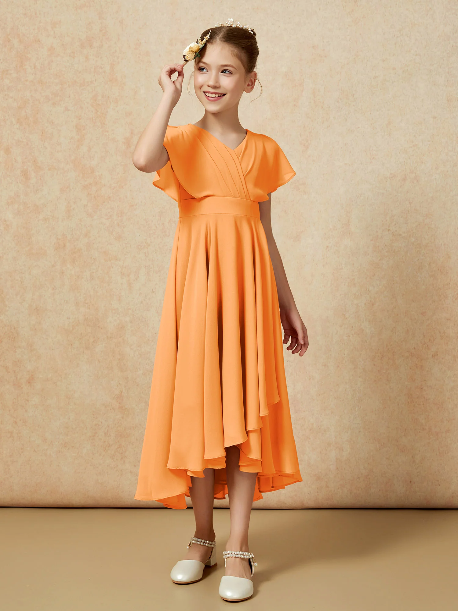 V-neck Chiffon Asymmetrical Junior Bridesmaid Dresses Orange - Image 3