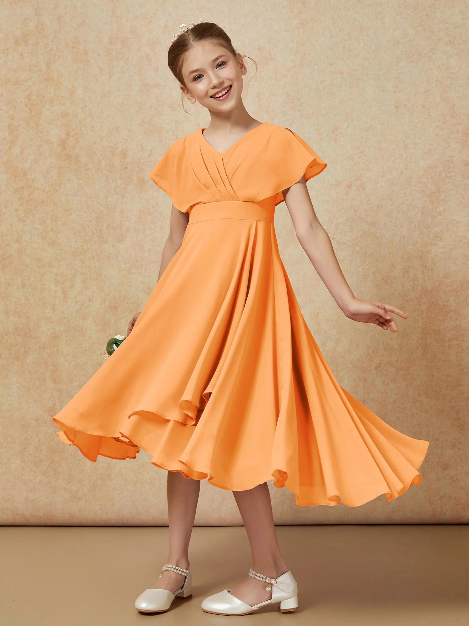 V-neck Chiffon Asymmetrical Junior Bridesmaid Dresses Orange - Image 4