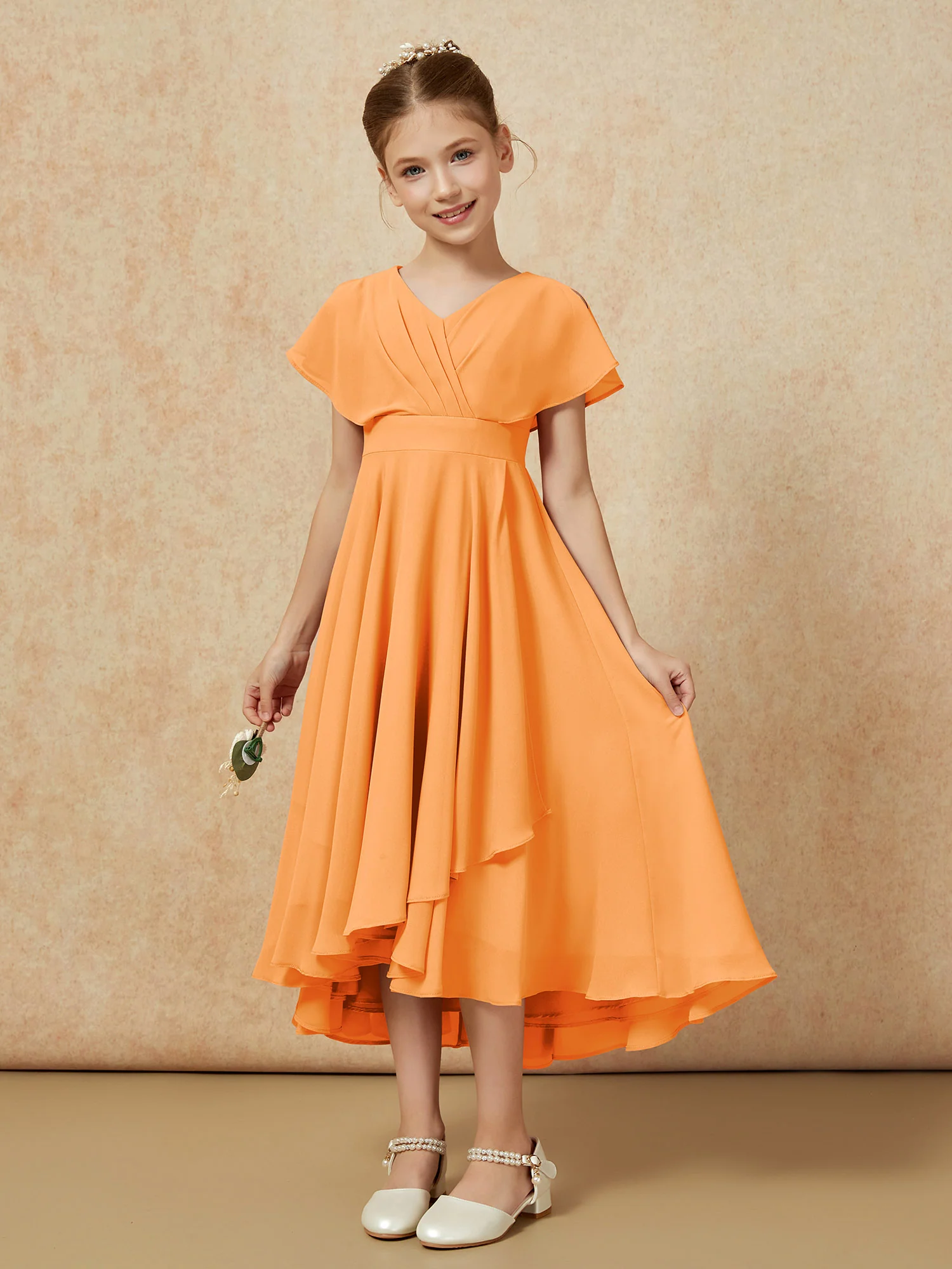 V-neck Chiffon Asymmetrical Junior Bridesmaid Dresses Orange - Image 5