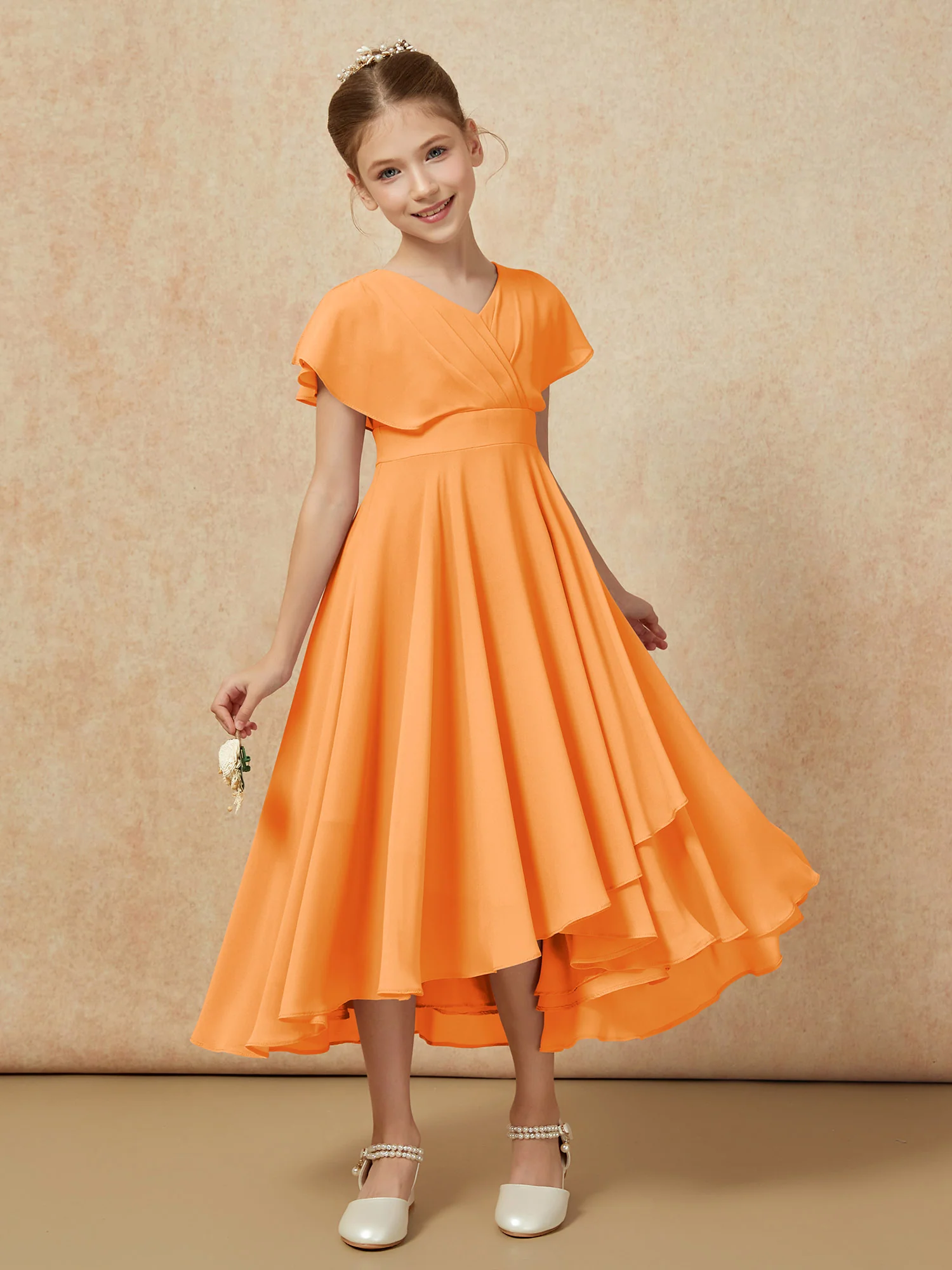 V-neck Chiffon Asymmetrical Junior Bridesmaid Dresses Orange - Image 6