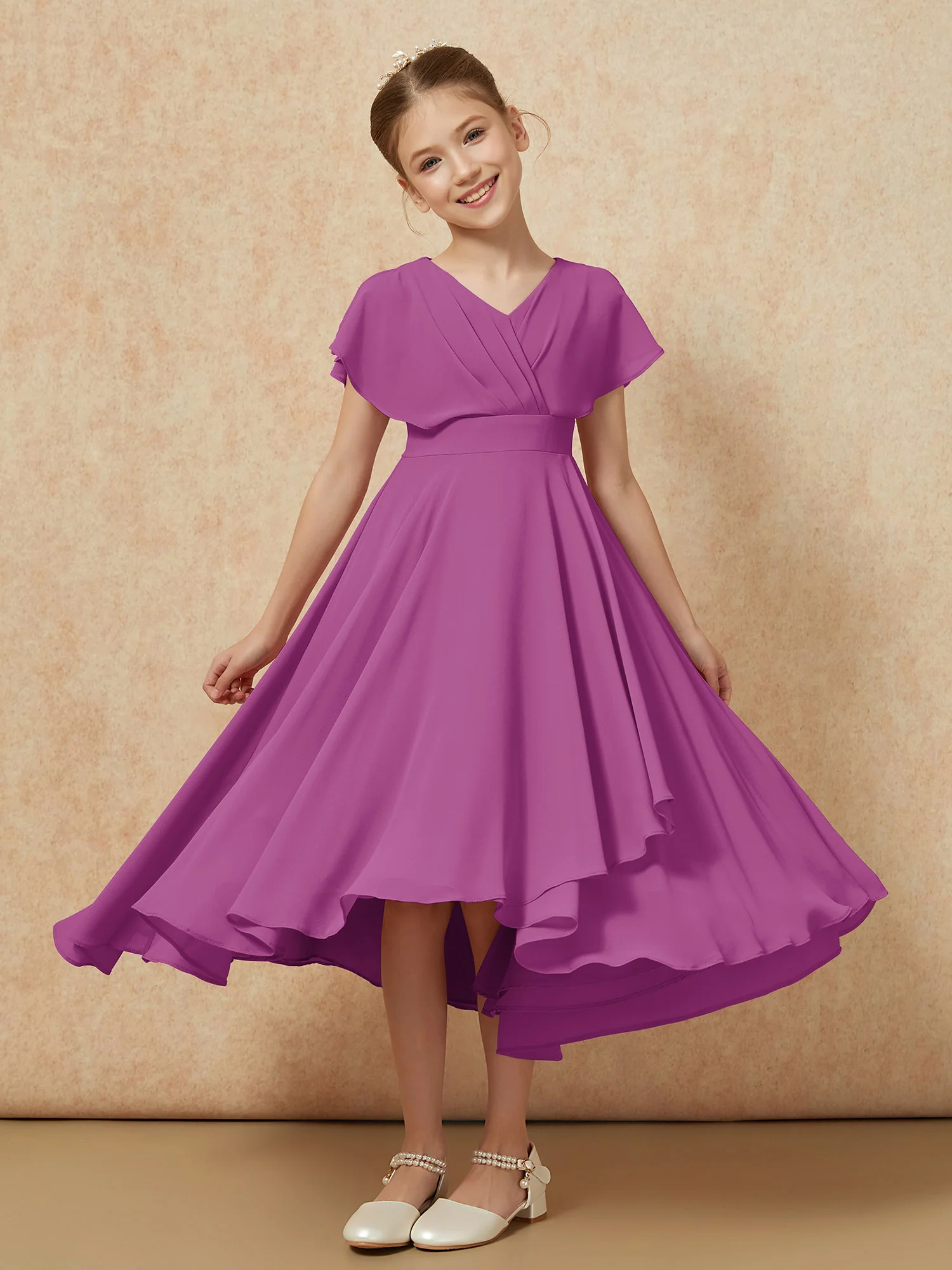 V-neck Chiffon Asymmetrical Junior Bridesmaid Dresses Orchid