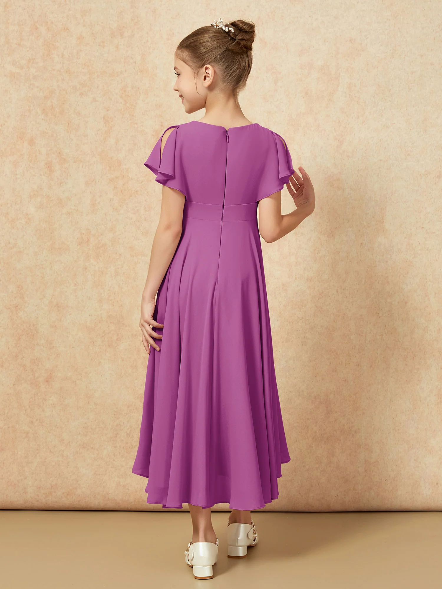 V-neck Chiffon Asymmetrical Junior Bridesmaid Dresses Orchid - Image 2
