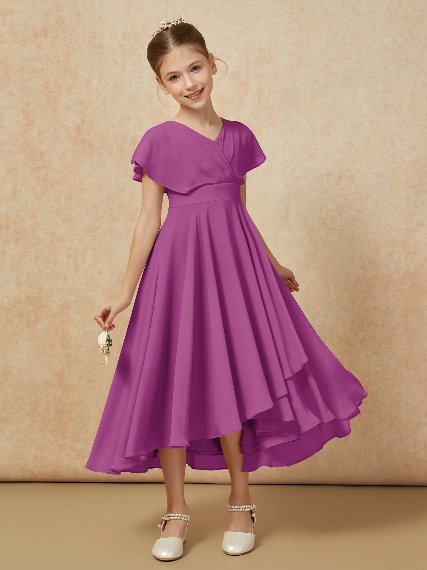V-neck Chiffon Asymmetrical Junior Bridesmaid Dresses Orchid - Image 6