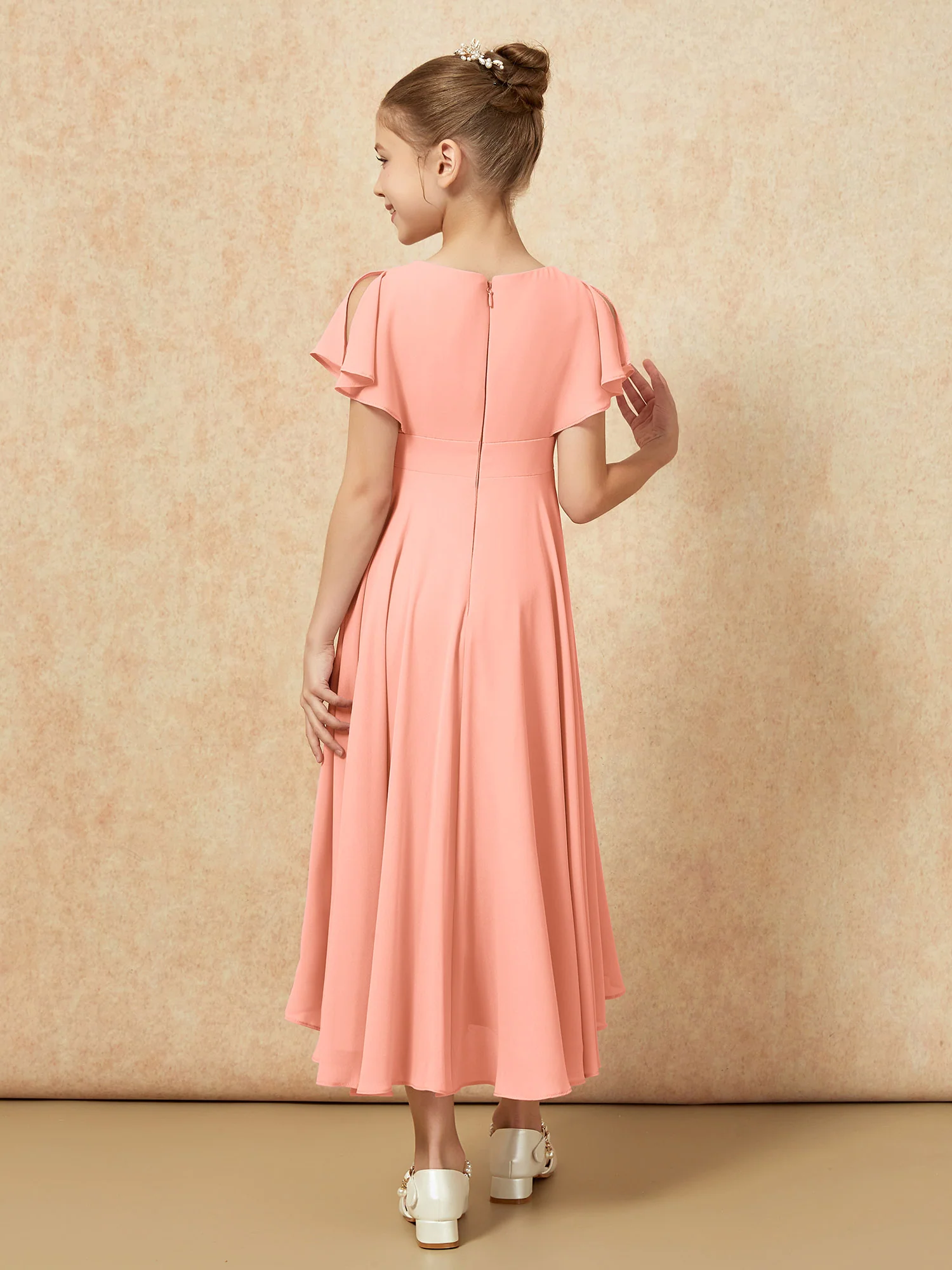 V-neck Chiffon Asymmetrical Junior Bridesmaid Dresses Papaya - Image 2
