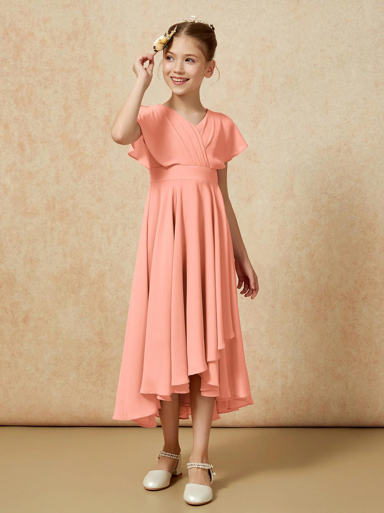 V-neck Chiffon Asymmetrical Junior Bridesmaid Dresses Papaya - Image 3