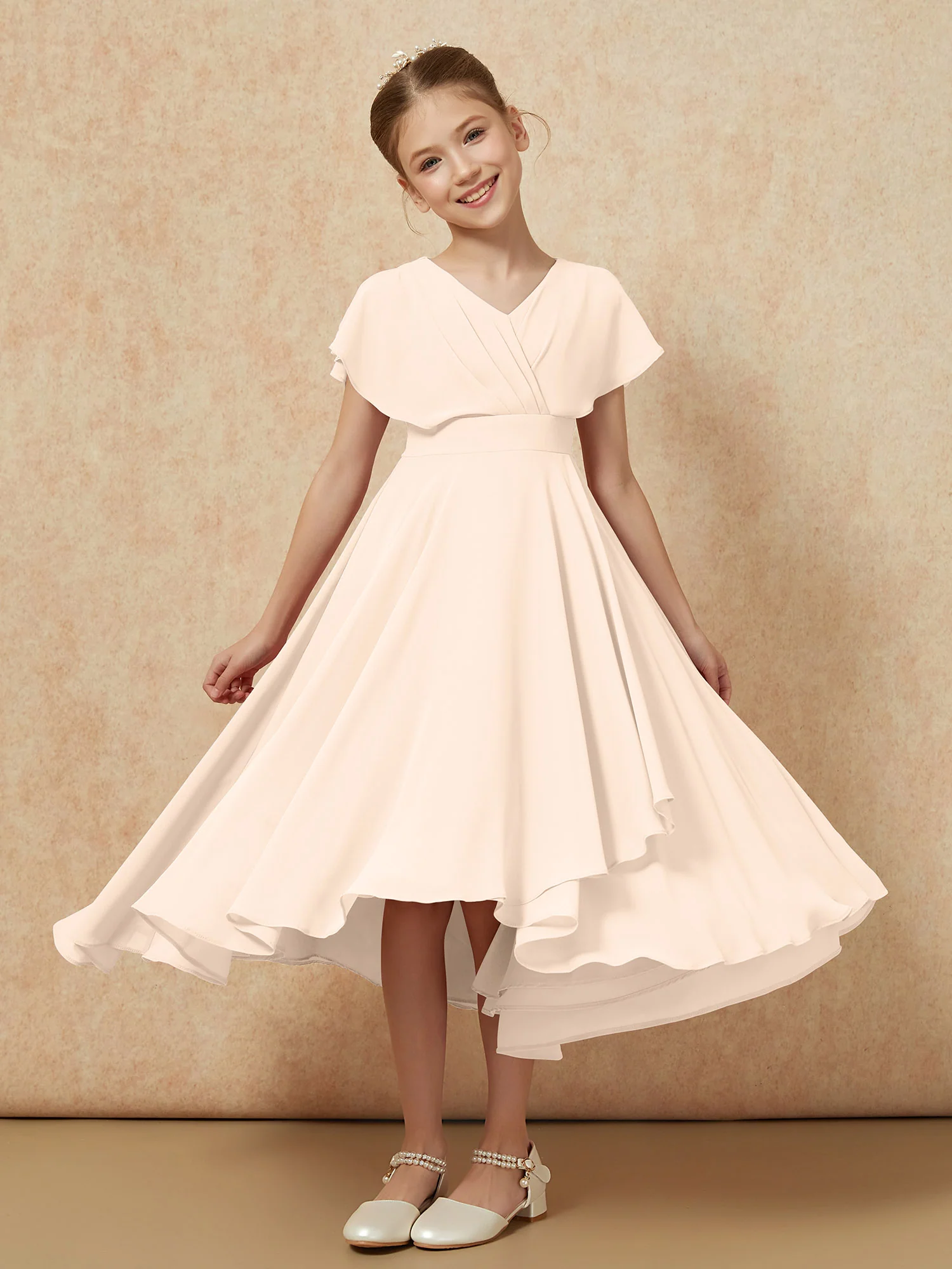 V-neck Chiffon Asymmetrical Junior Bridesmaid Dresses Peach