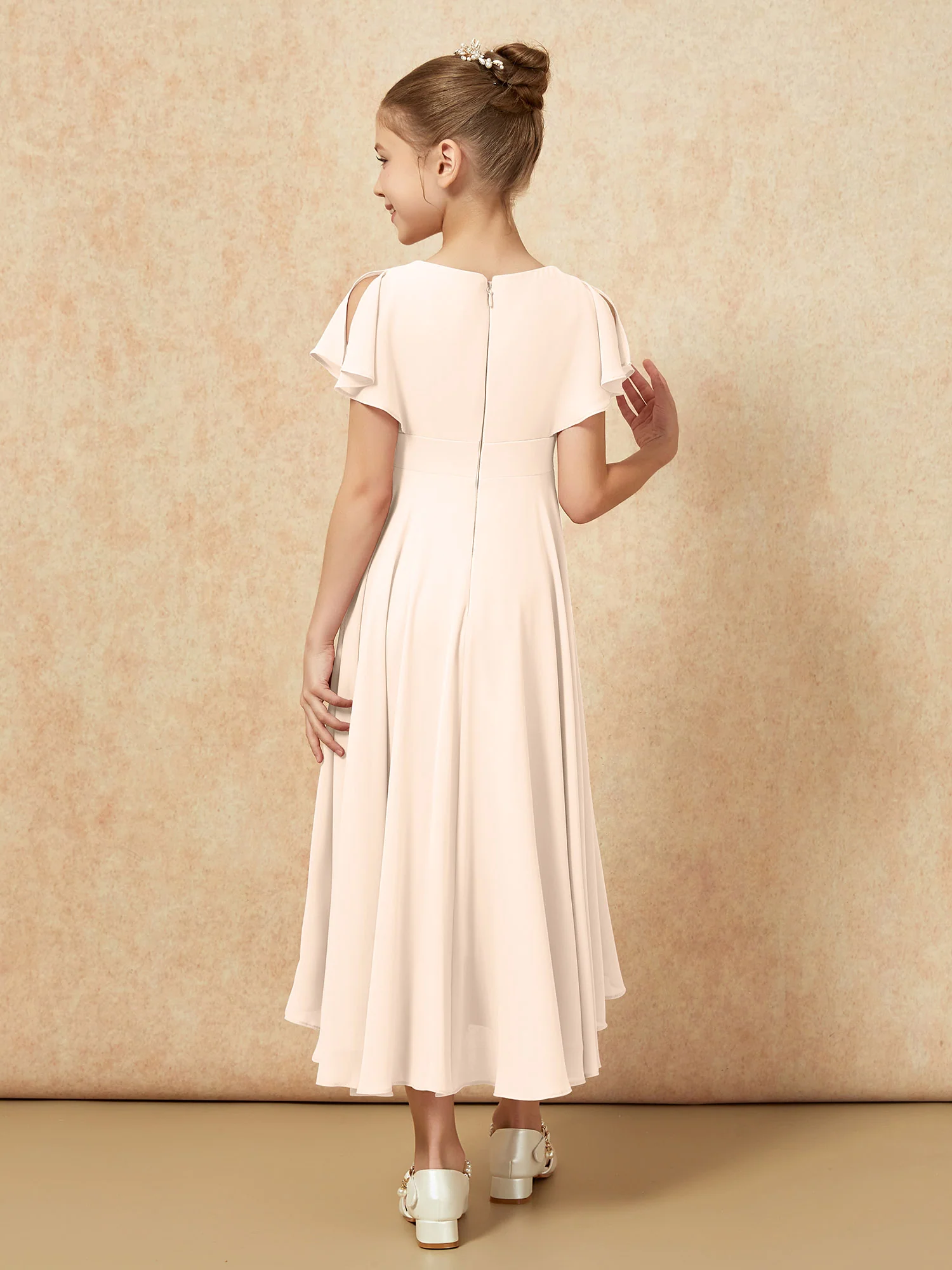 V-neck Chiffon Asymmetrical Junior Bridesmaid Dresses Peach - Image 2