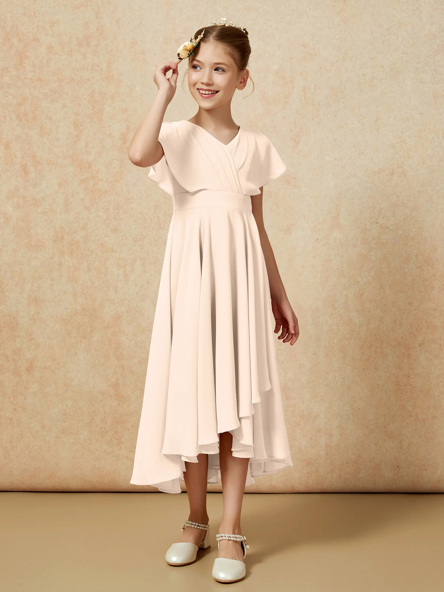 V-neck Chiffon Asymmetrical Junior Bridesmaid Dresses Peach - Image 3