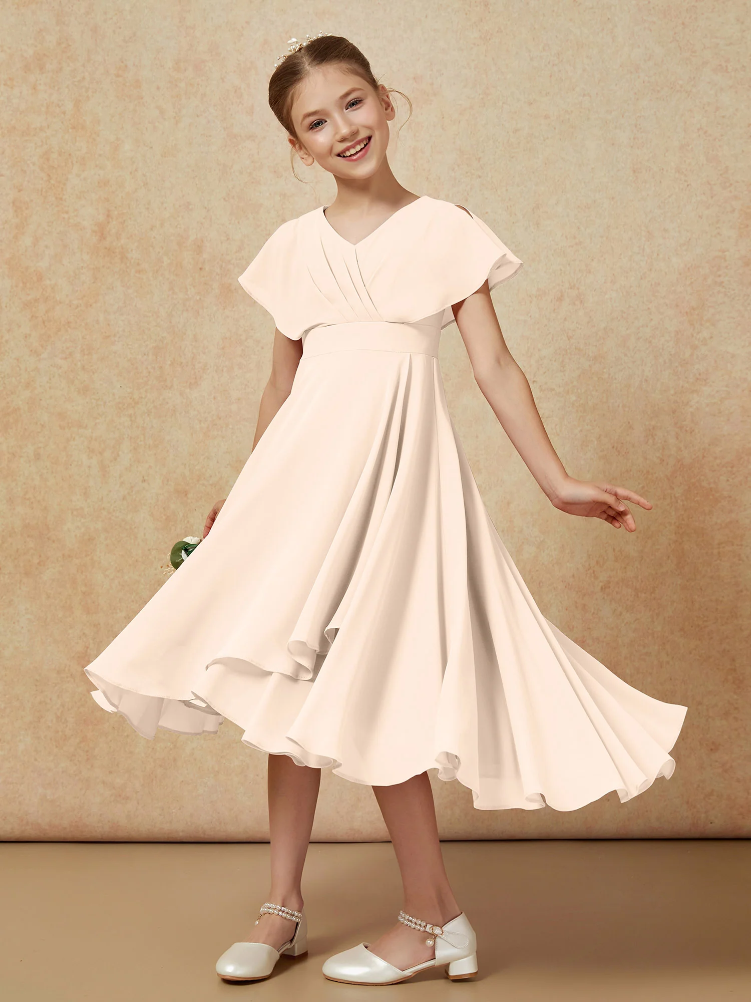 V-neck Chiffon Asymmetrical Junior Bridesmaid Dresses Peach - Image 4