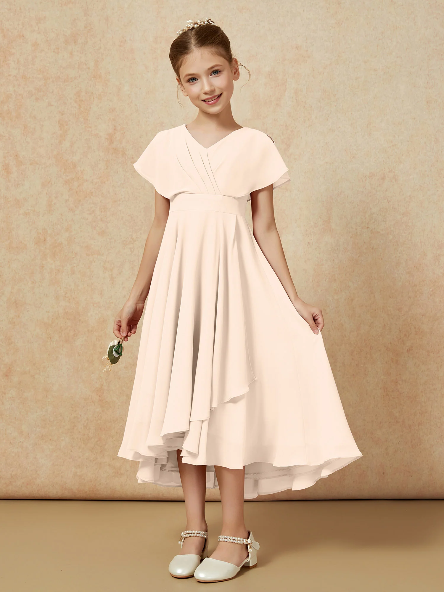 V-neck Chiffon Asymmetrical Junior Bridesmaid Dresses Peach - Image 5