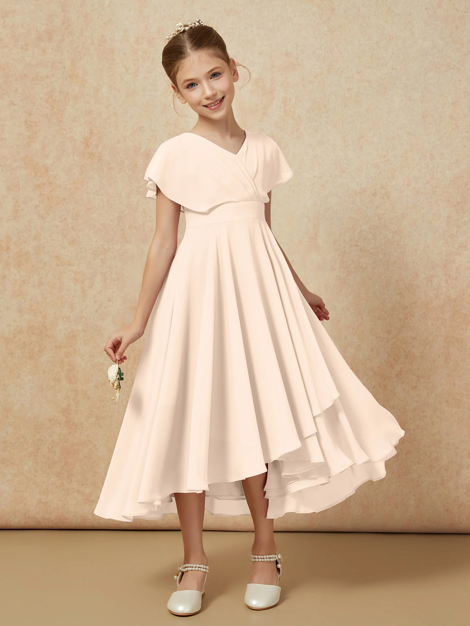 V-neck Chiffon Asymmetrical Junior Bridesmaid Dresses Peach - Image 6