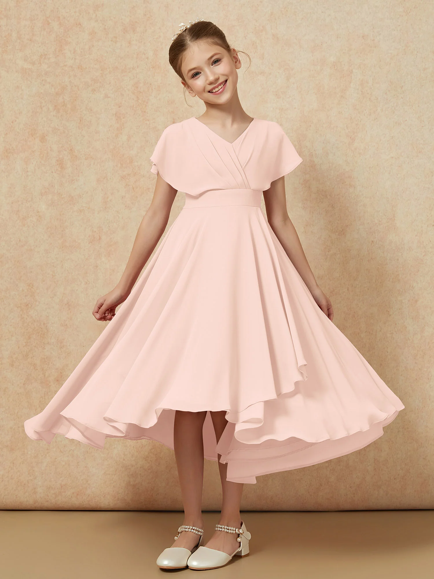 V-neck Chiffon Asymmetrical Junior Bridesmaid Dresses Pearl Pink