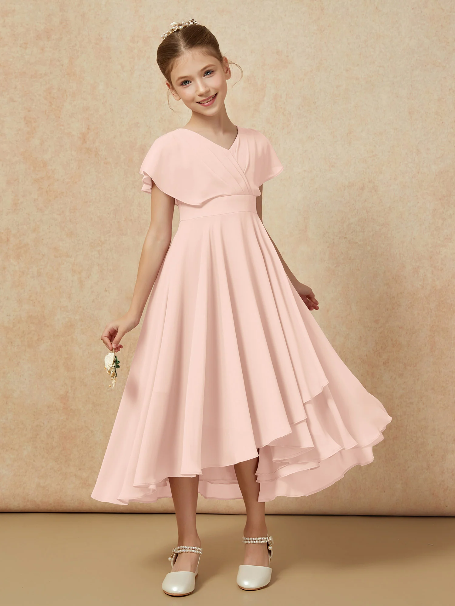V-neck Chiffon Asymmetrical Junior Bridesmaid Dresses Pearl Pink - Image 6