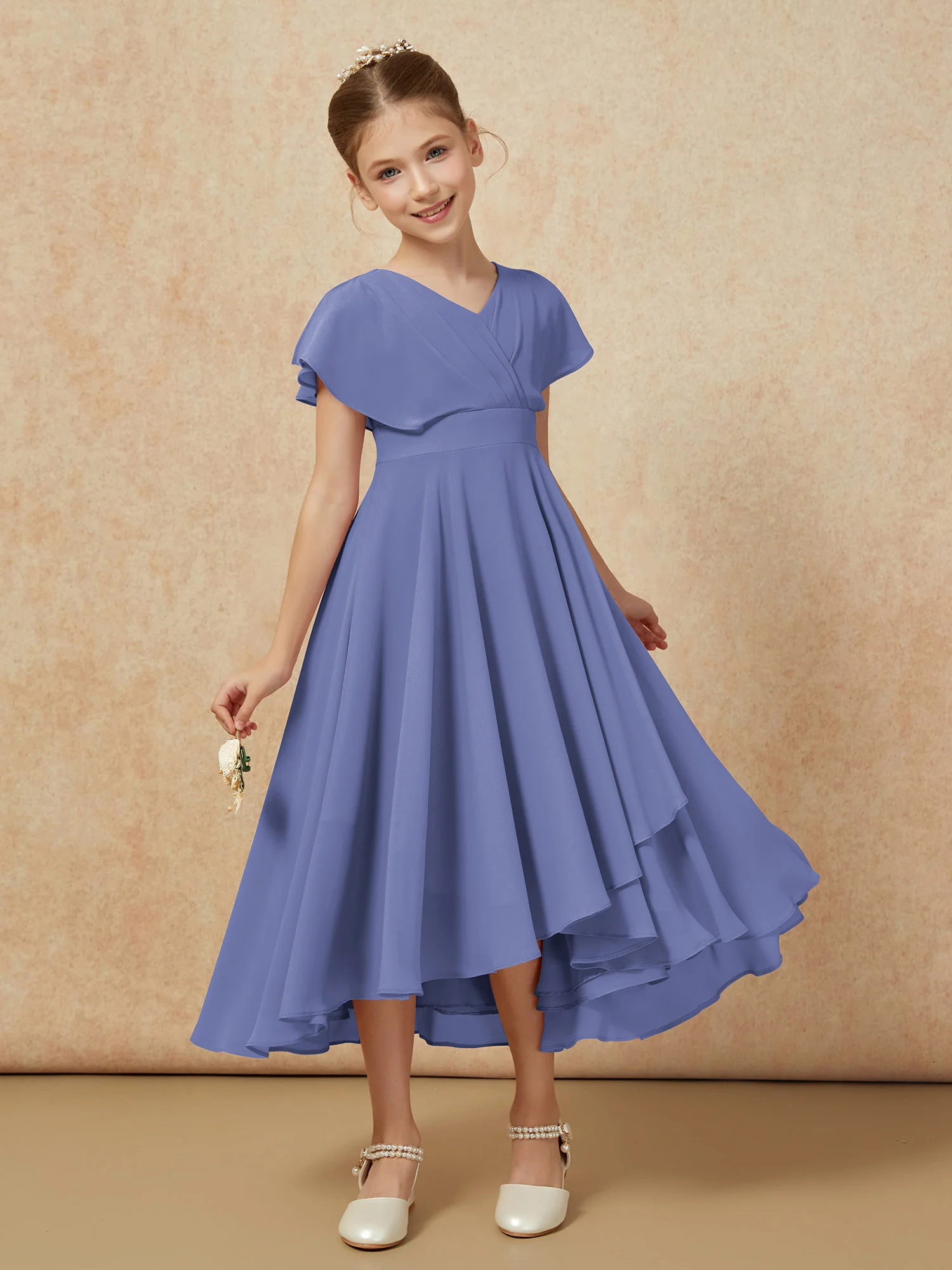 V-neck Chiffon Asymmetrical Junior Bridesmaid Dresses Periwinkle - Image 6