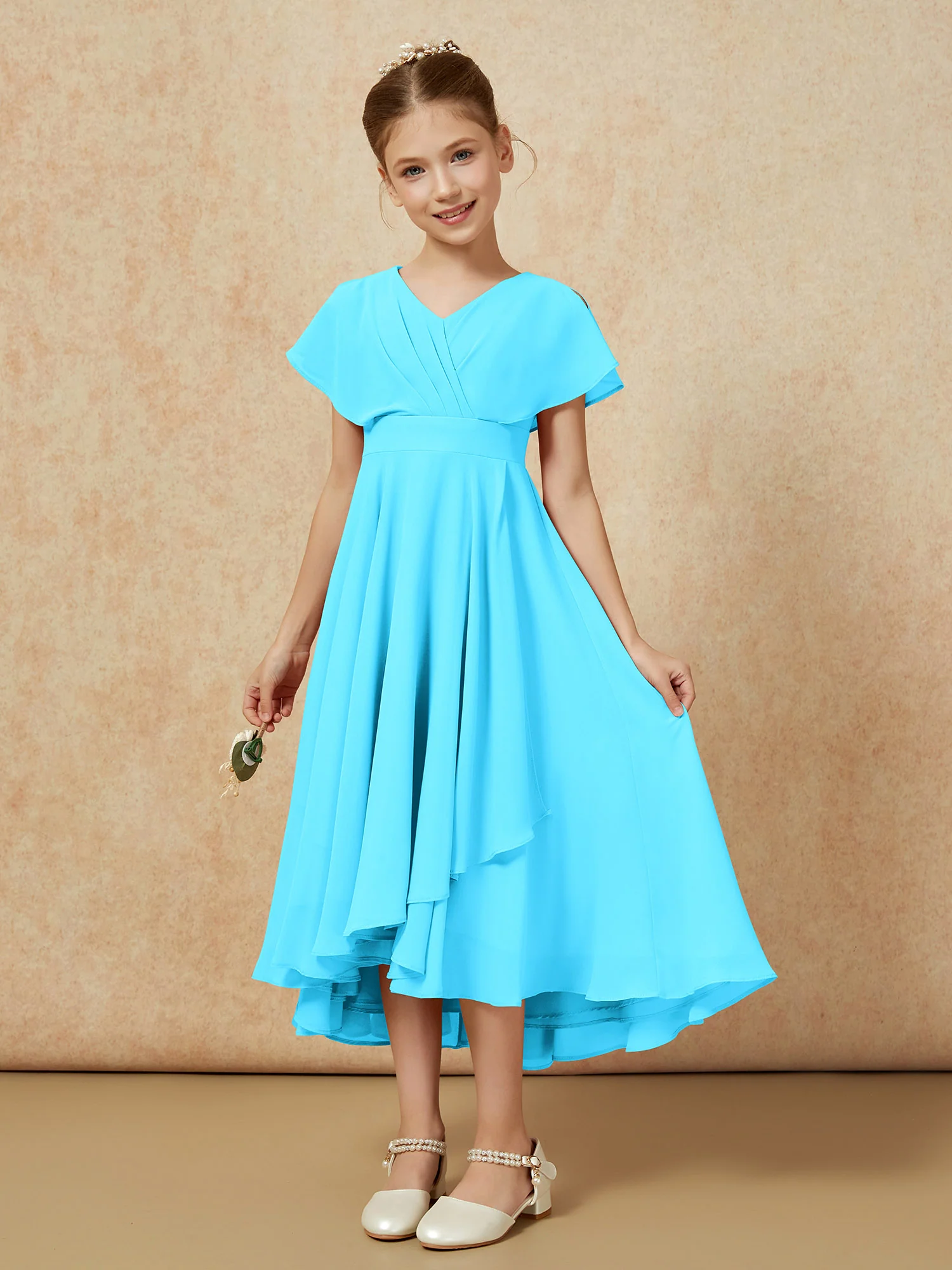 V-neck Chiffon Asymmetrical Junior Bridesmaid Dresses Pool - Image 5