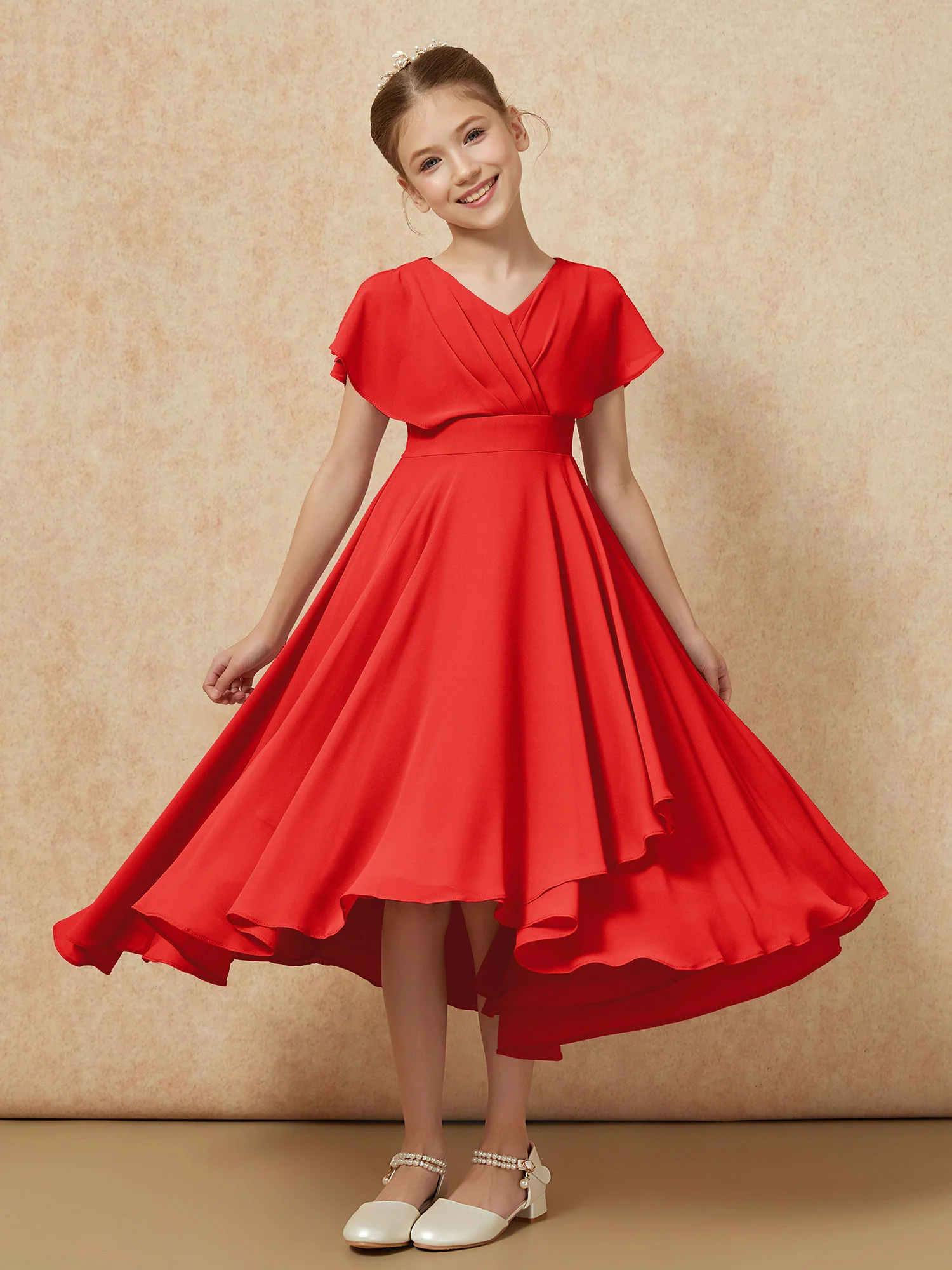 V-neck Chiffon Asymmetrical Junior Bridesmaid Dresses Red