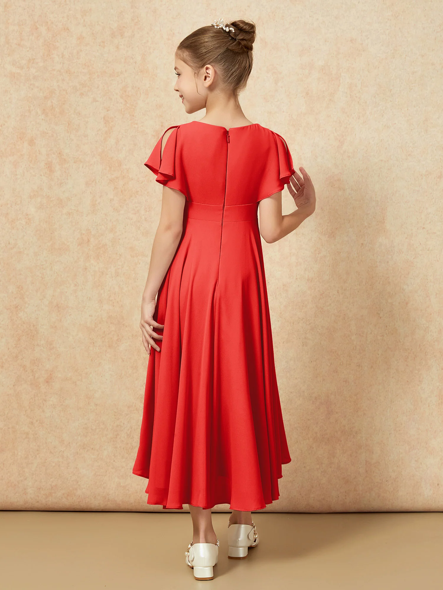 V-neck Chiffon Asymmetrical Junior Bridesmaid Dresses Red - Image 2