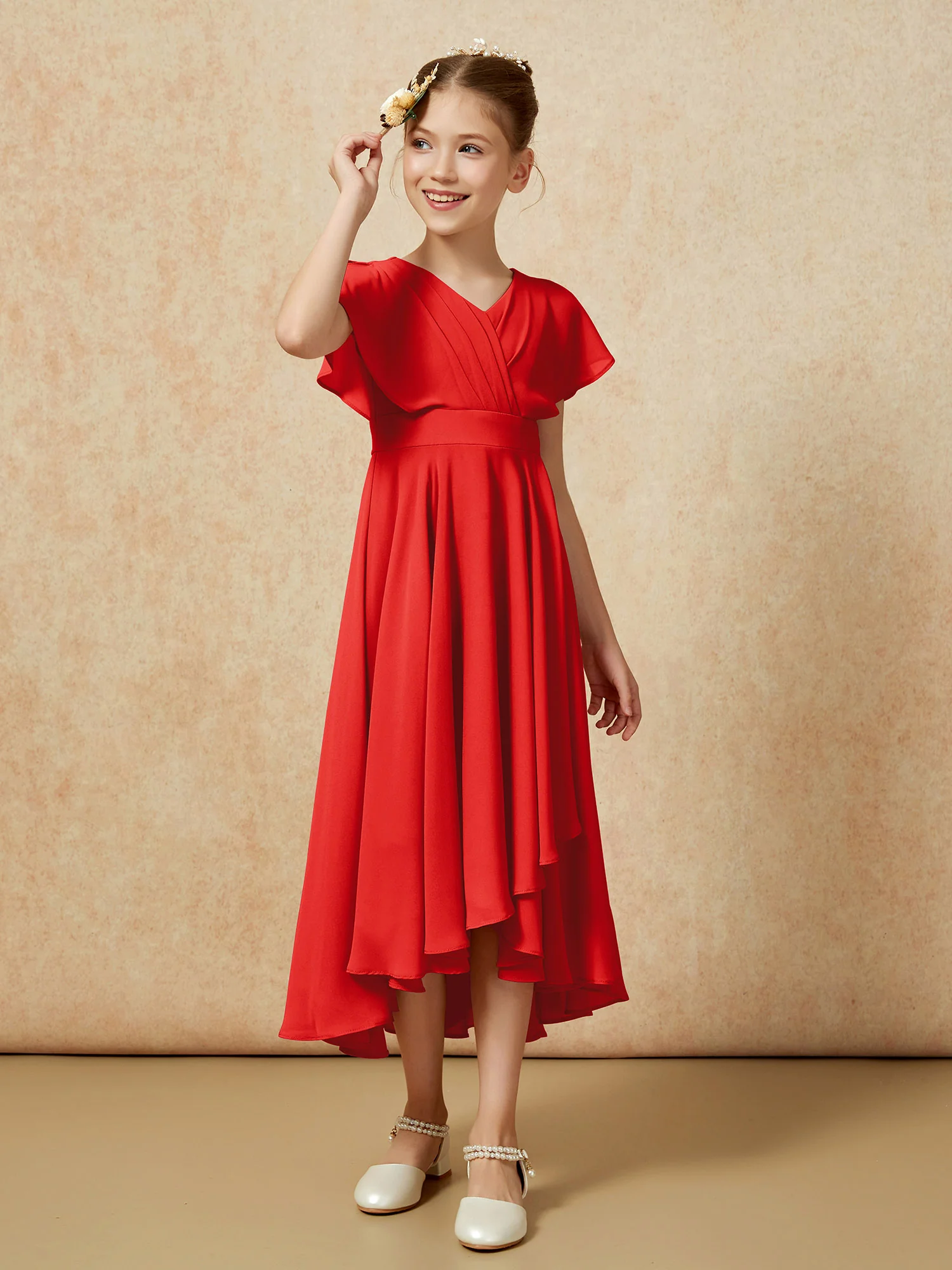 V-neck Chiffon Asymmetrical Junior Bridesmaid Dresses Red - Image 3