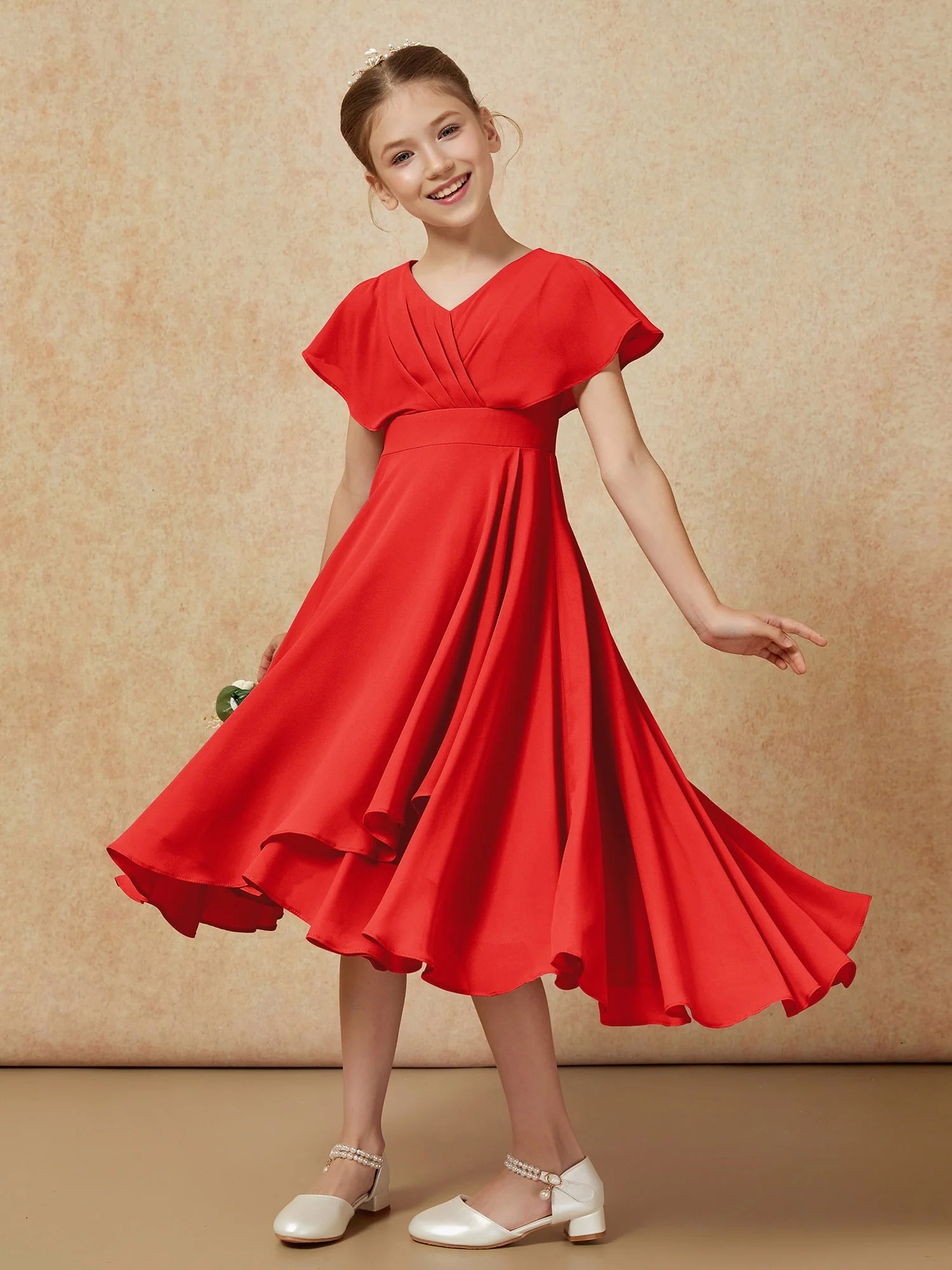 V-neck Chiffon Asymmetrical Junior Bridesmaid Dresses Red - Image 4