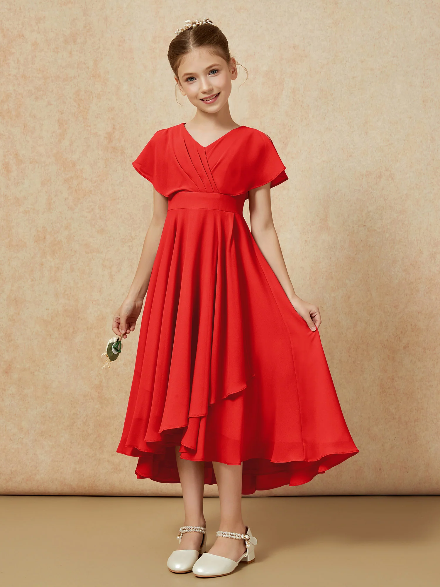 V-neck Chiffon Asymmetrical Junior Bridesmaid Dresses Red - Image 5